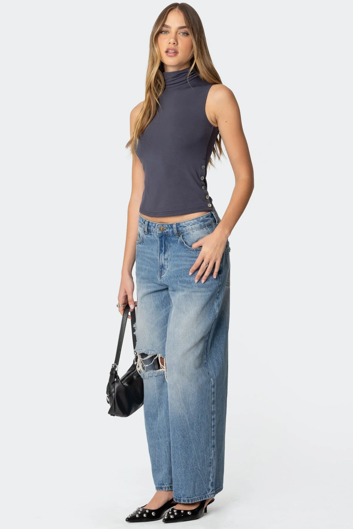 Gray Sleeveless Turtle Neck Tank Top