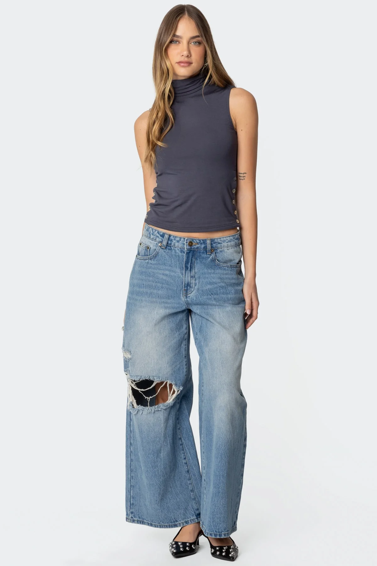 Gray Sleeveless Turtle Neck Tank Top