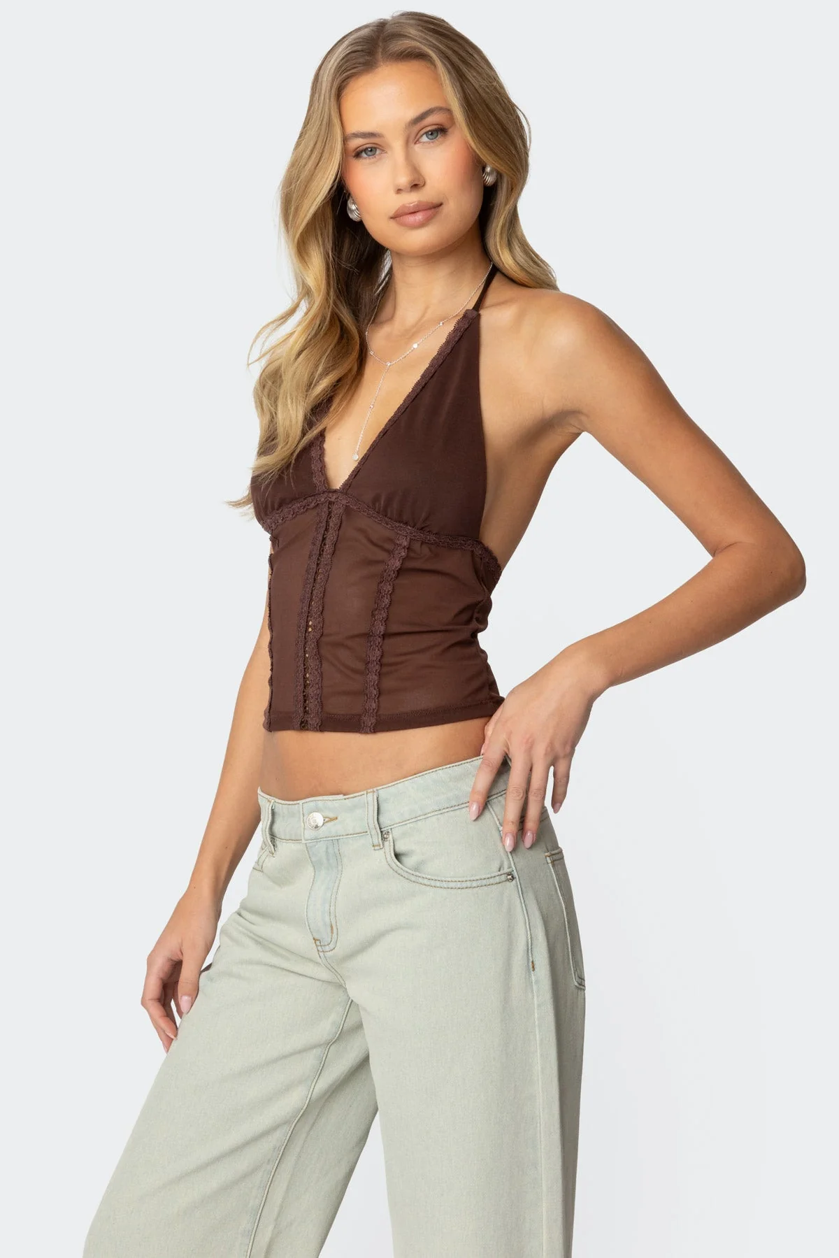 Brown Mesh Halter Top for Women