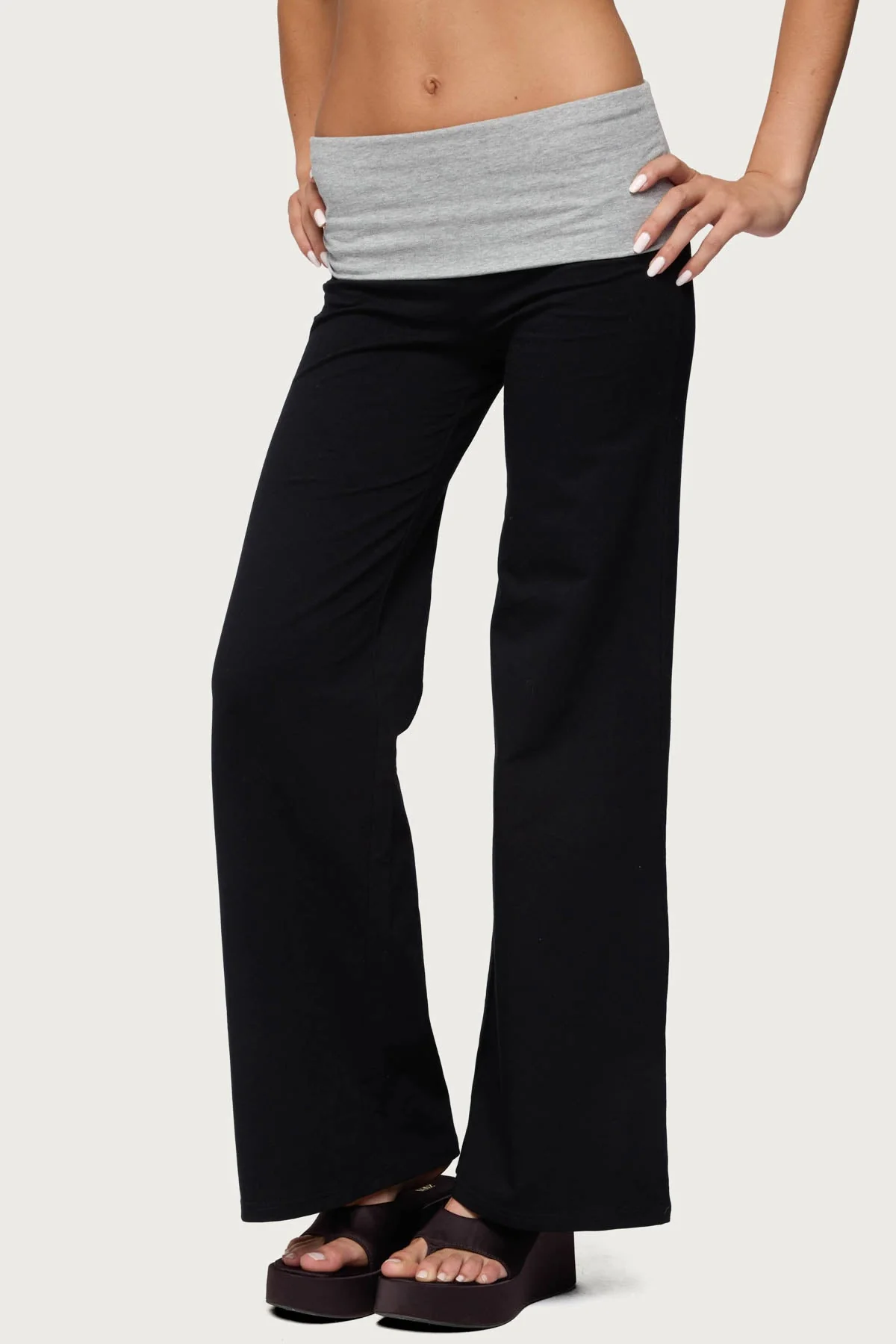 Black Wide Leg Pants with Contrast Fold Waistband