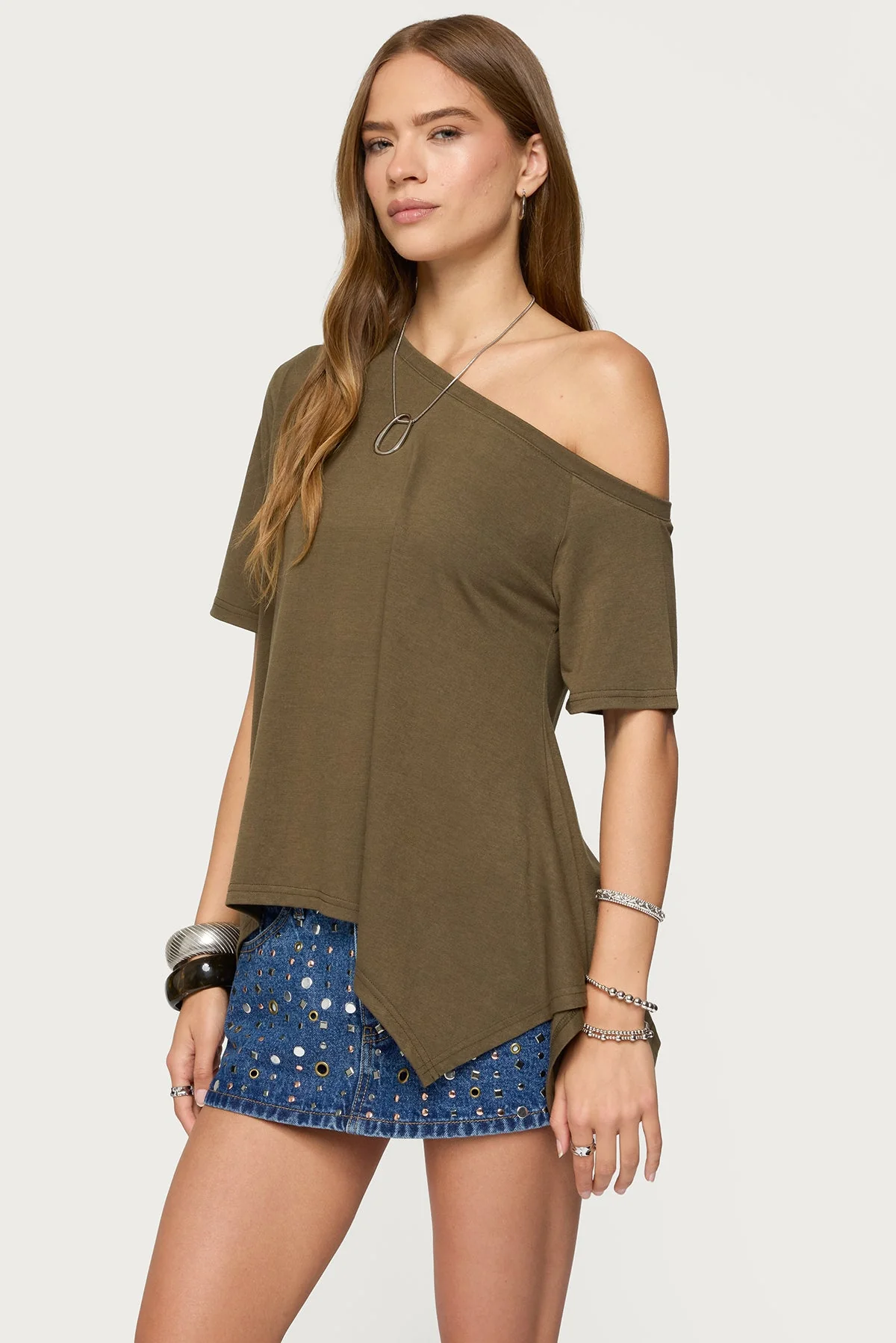 Stylish Olive Off Shoulder Top Womens Handkerchief Design