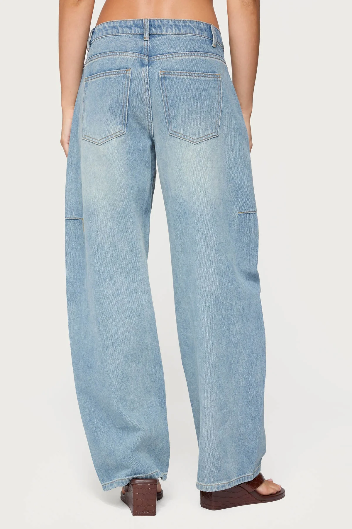 Blue Denim Barrel Leg Jeans Low Rise Fit
