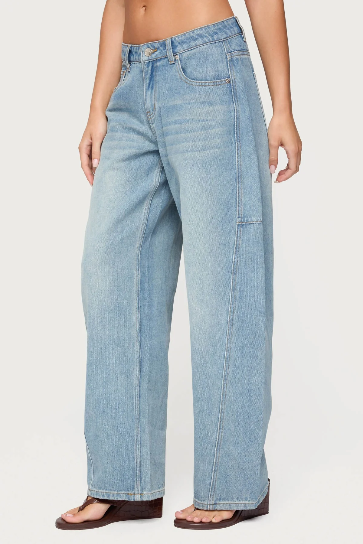 Blue Denim Barrel Leg Jeans Low Rise Fit