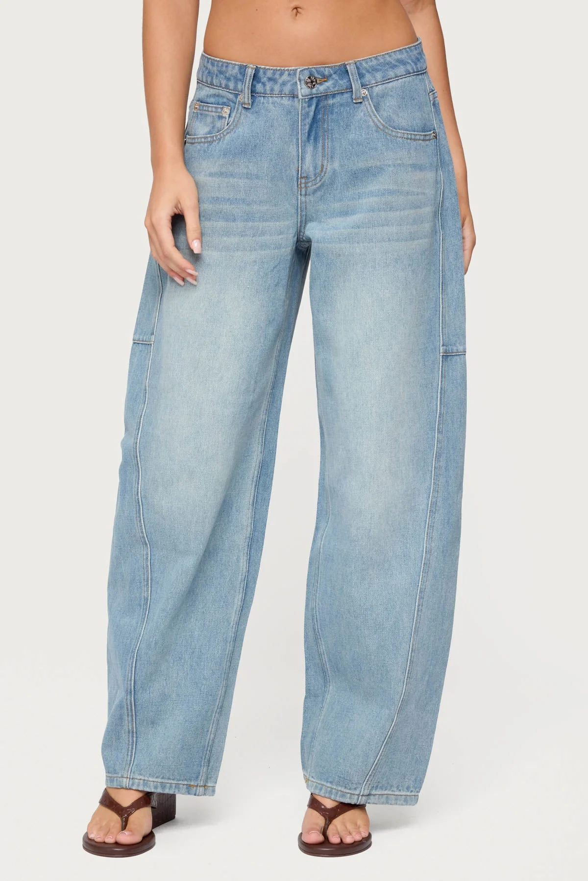 Blue Denim Barrel Leg Jeans Low Rise Fit