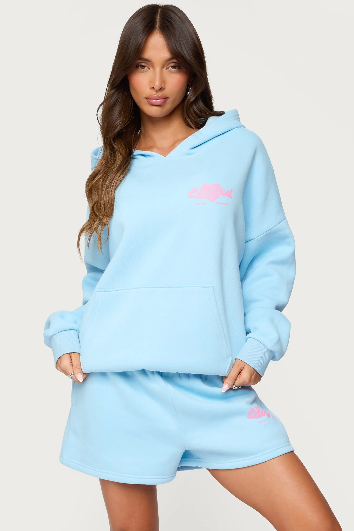Light Blue Graphic Print Hoodie Set