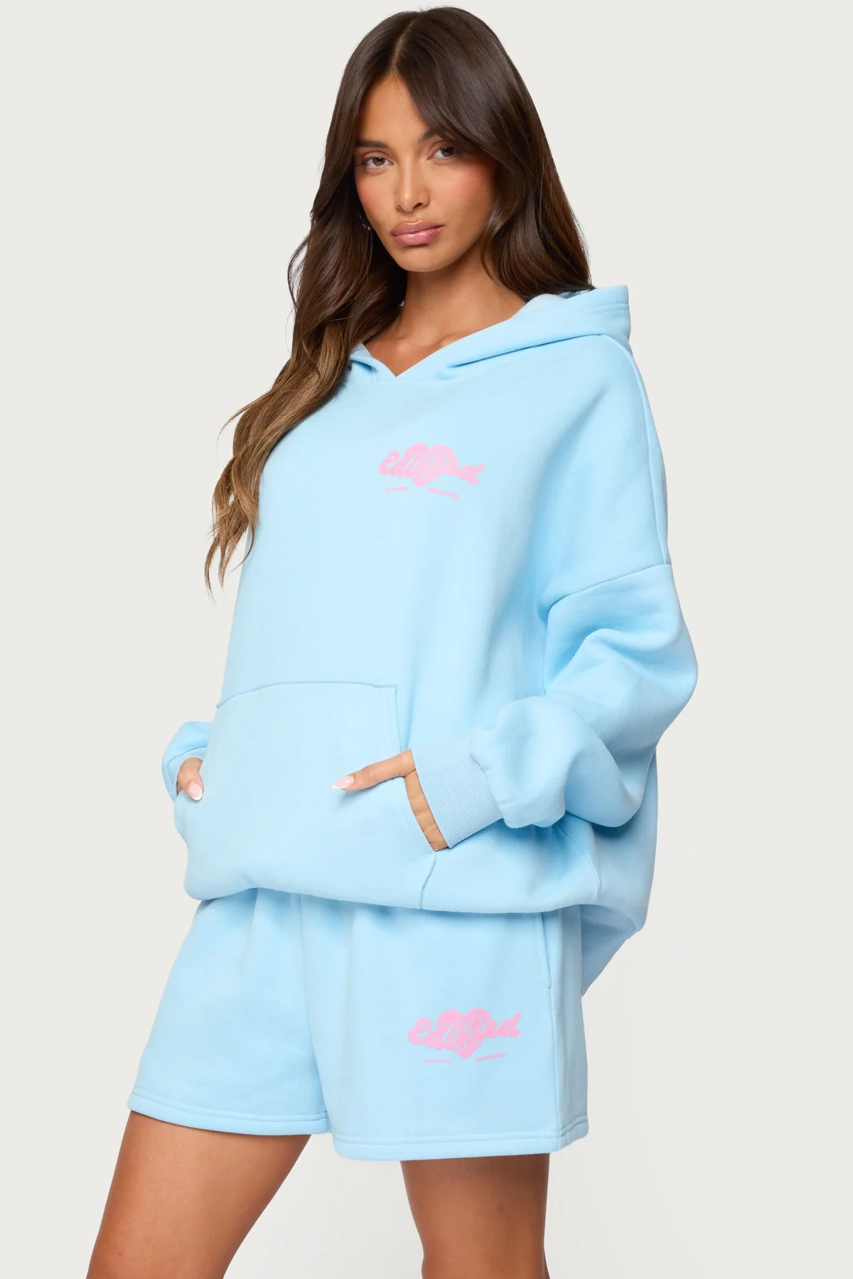 Light Blue Graphic Print Hoodie Set