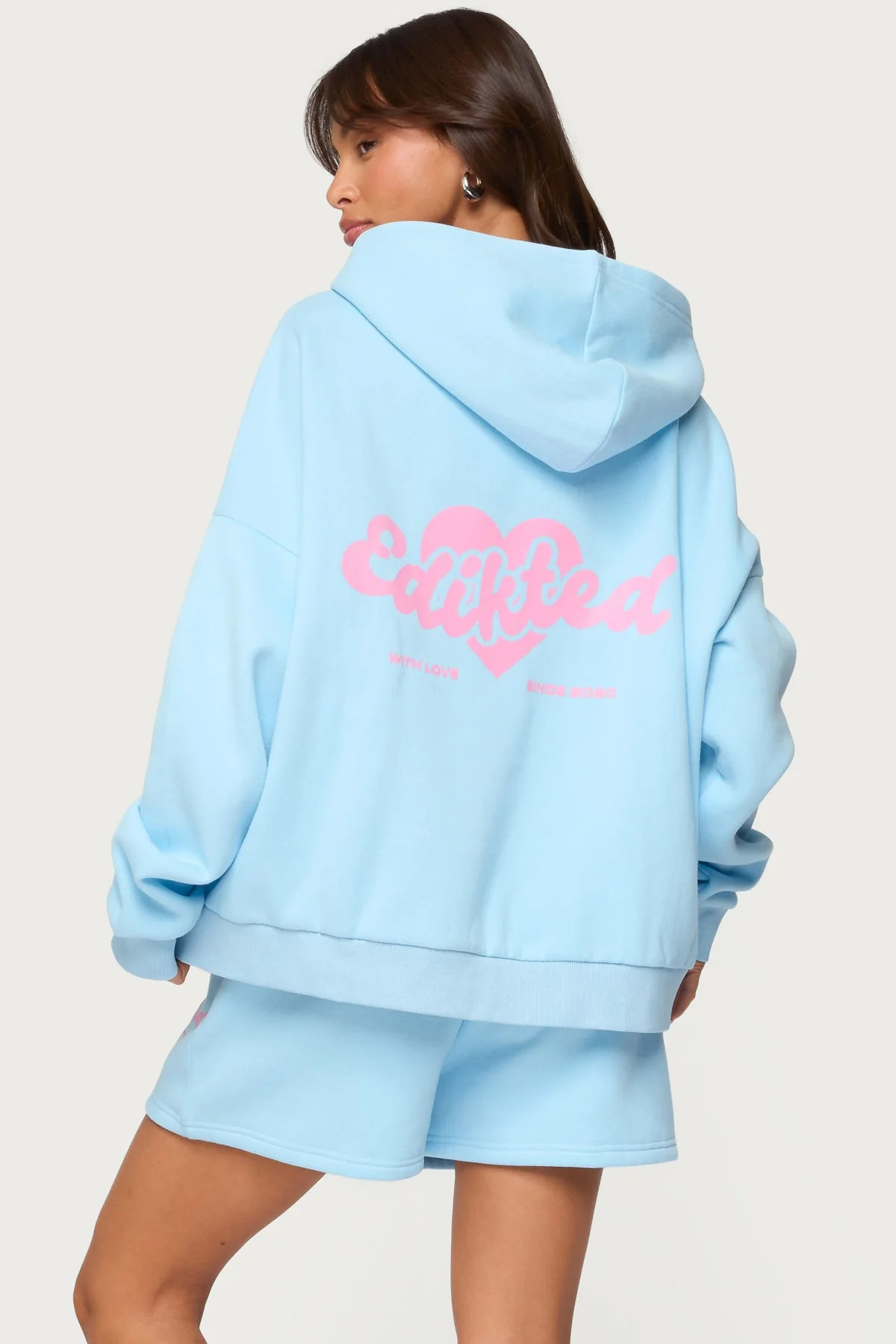Light Blue Graphic Print Hoodie Set