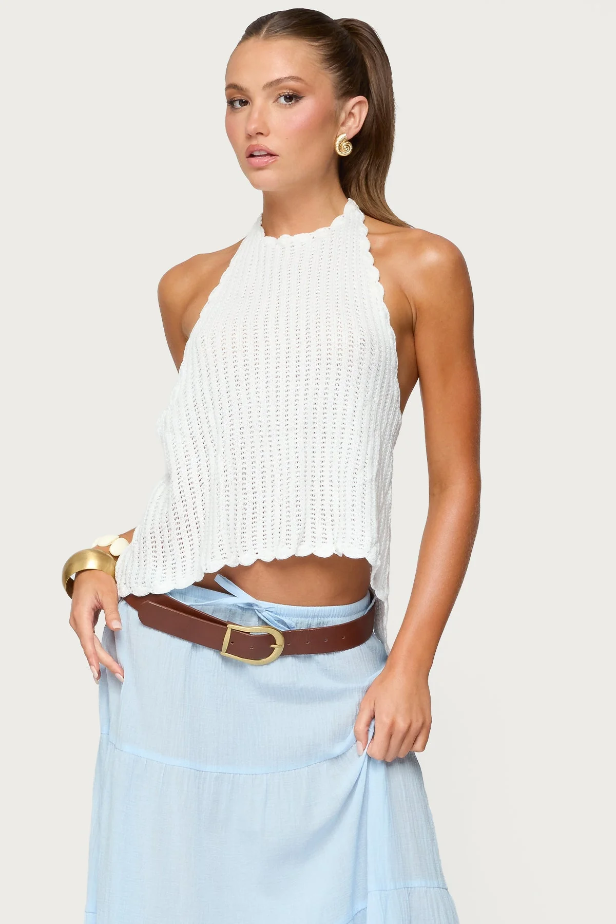 White Crochet Halter Knitted Top - Ivey Collection