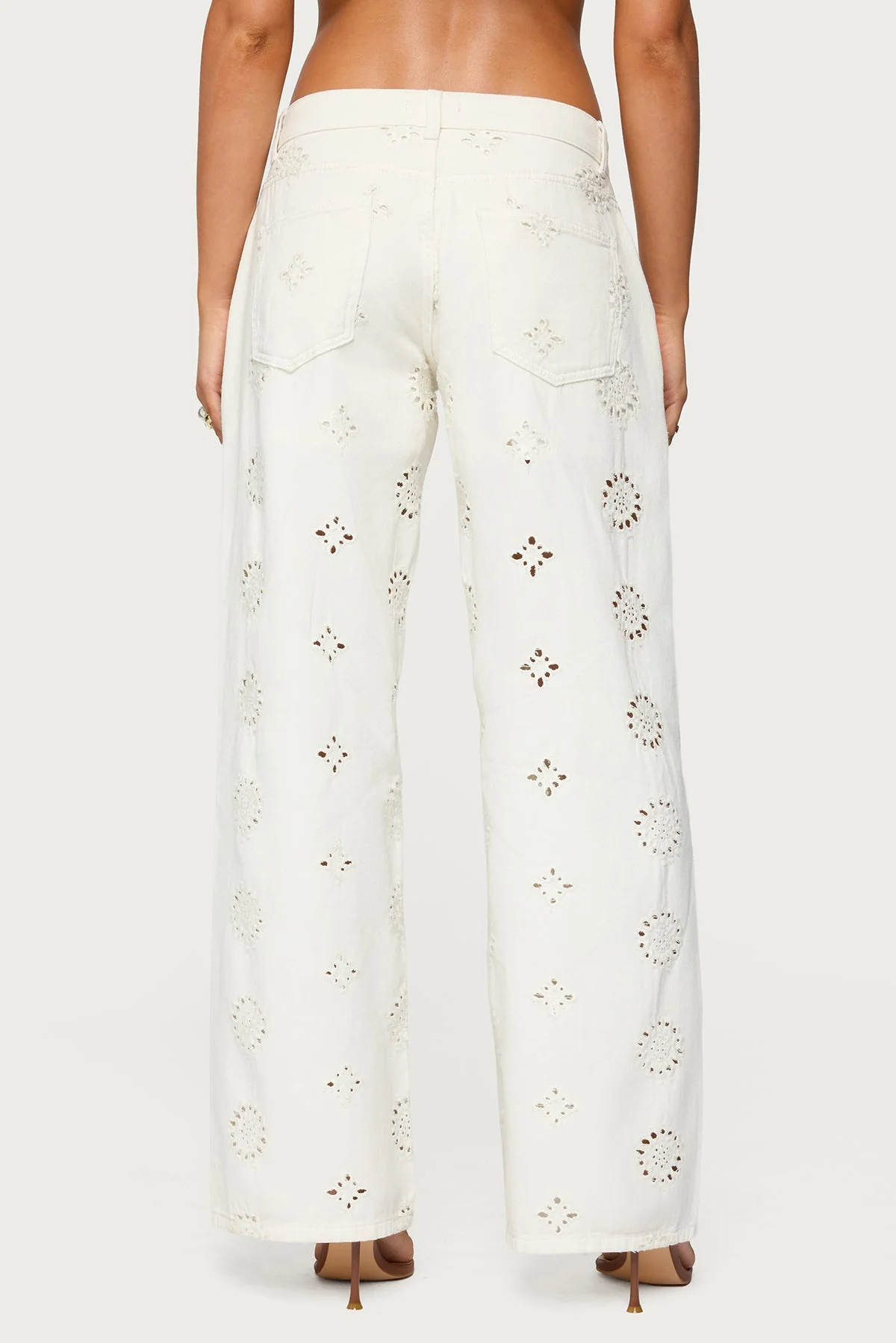 White Eyelet Wide Leg Denim Pants