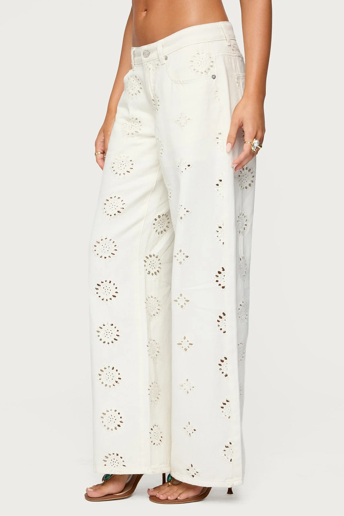 White Eyelet Wide Leg Denim Pants
