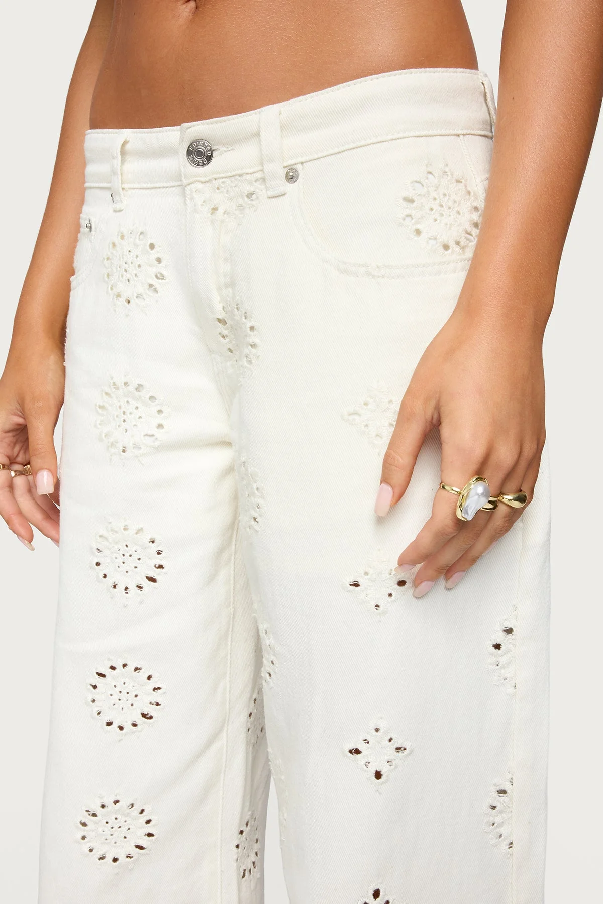 White Eyelet Wide Leg Denim Pants