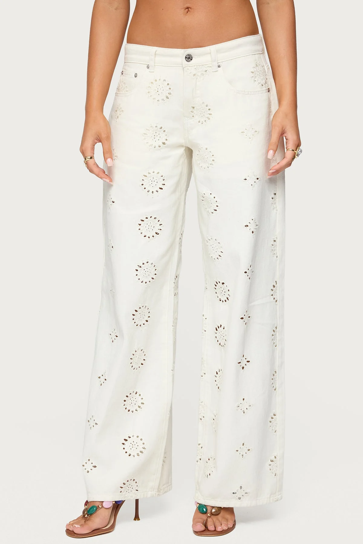 White Eyelet Wide Leg Denim Pants