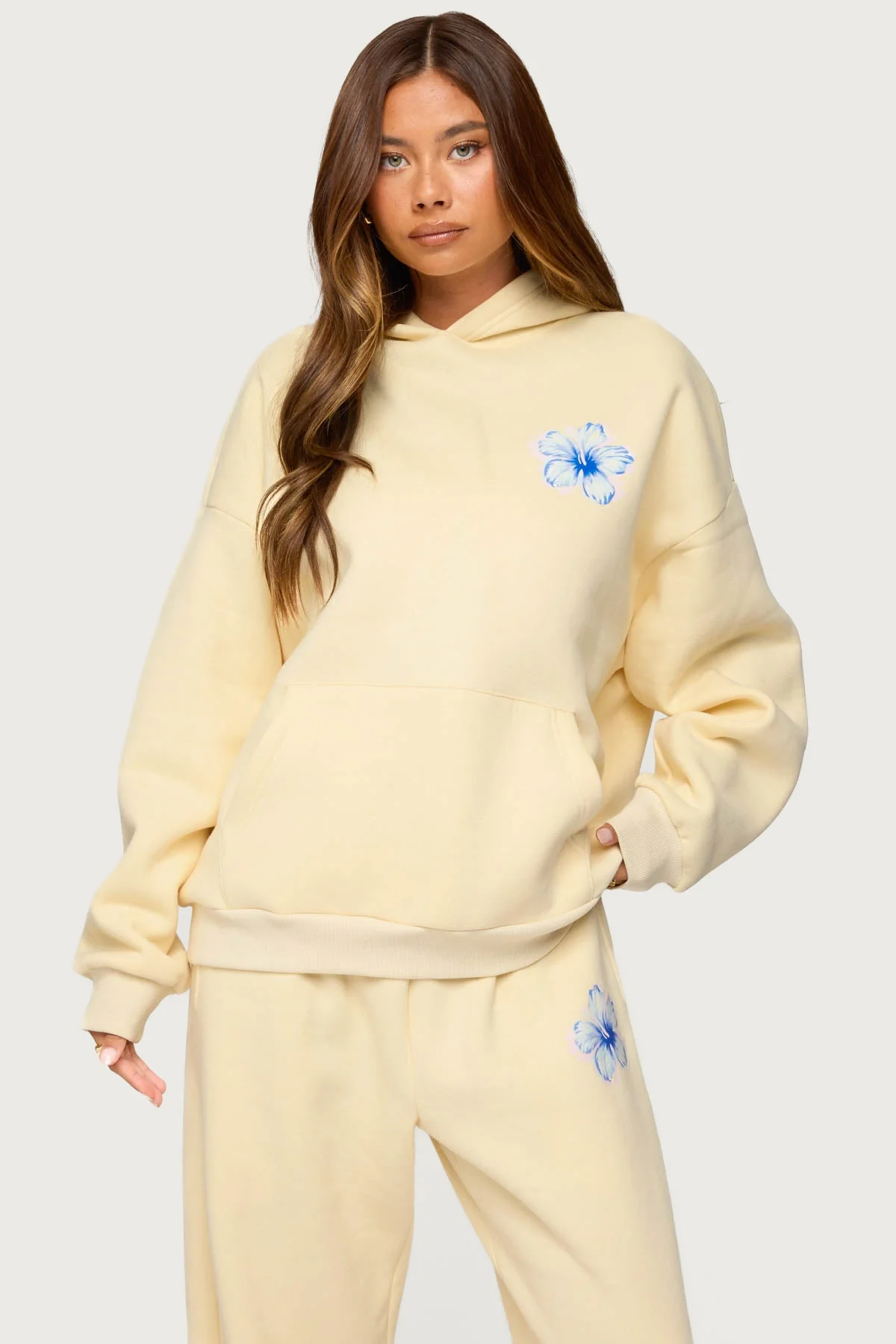 Yellow Hibiscus Flower Graphic Hoodie Set