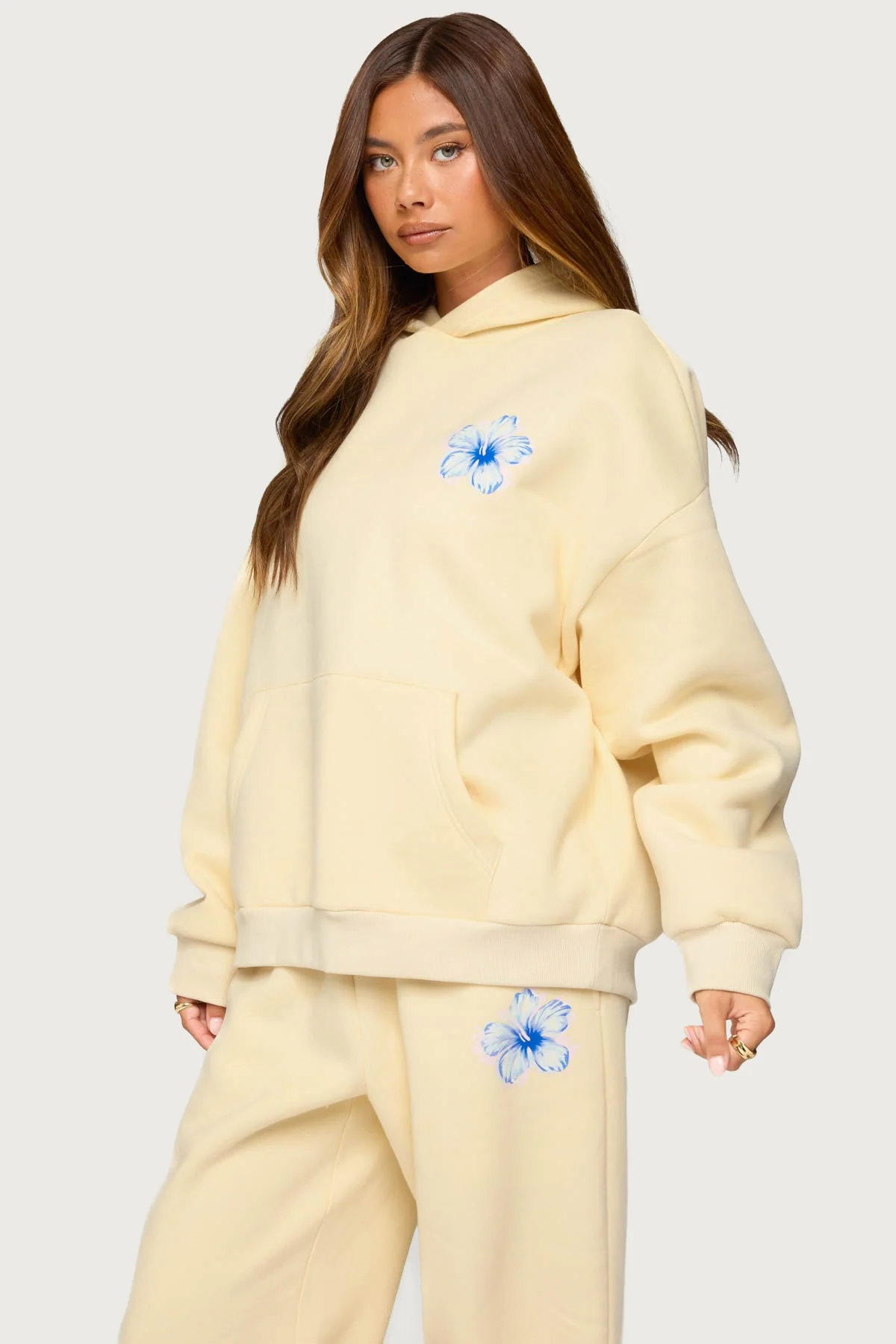 Yellow Hibiscus Flower Graphic Hoodie Set
