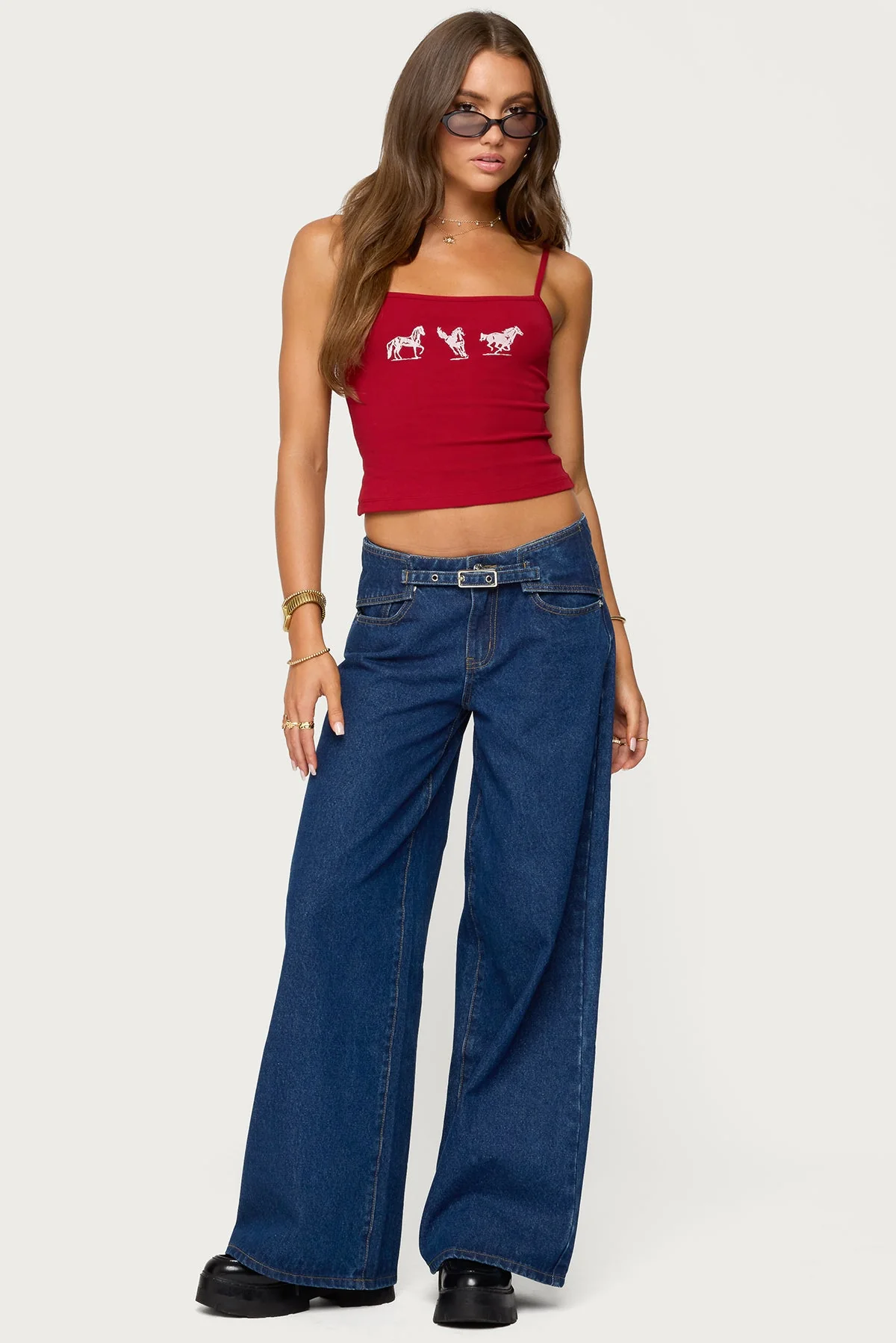 Blue Low Rise Wide Leg Jeans with Belt Detail