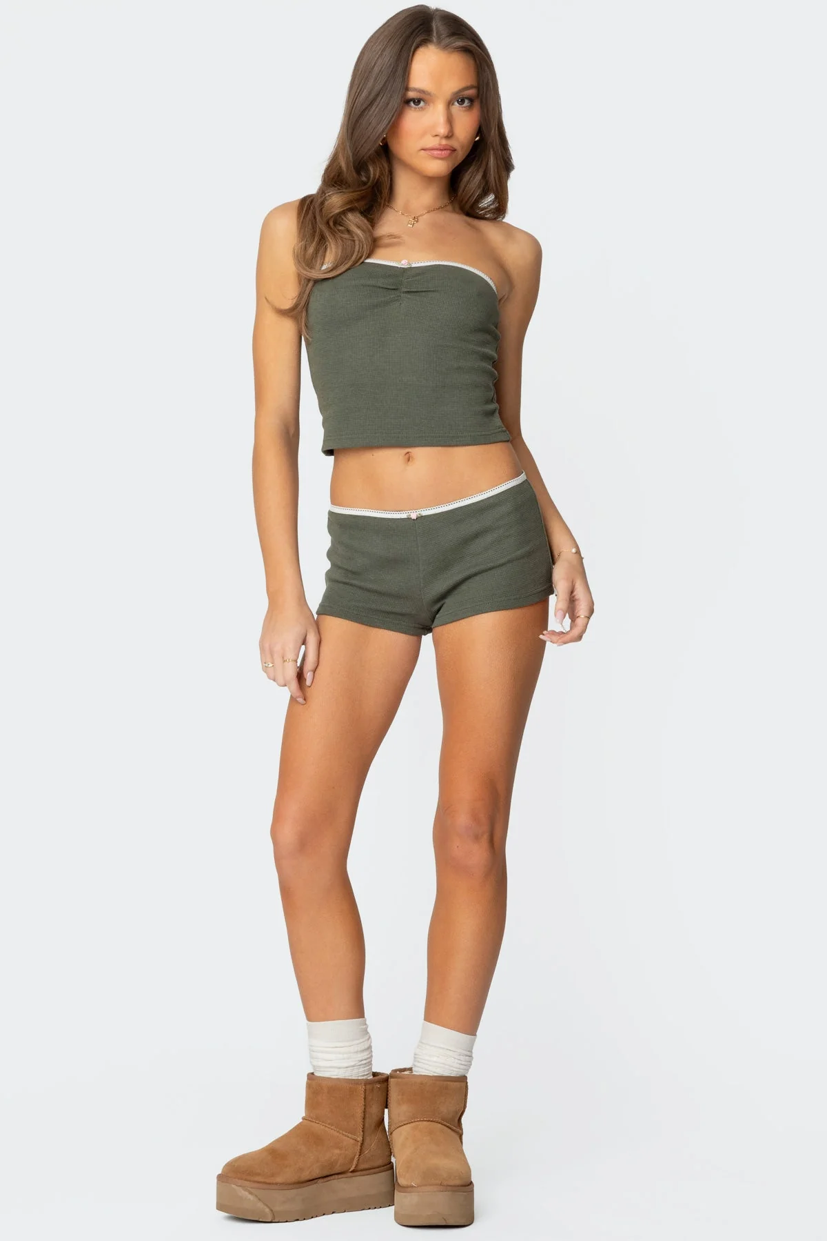 Olive Waffle Texture Low Rise Shorts