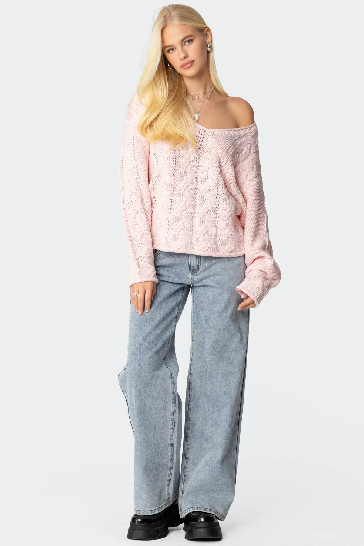 Light Pink Cable Knit Oversized Sweater