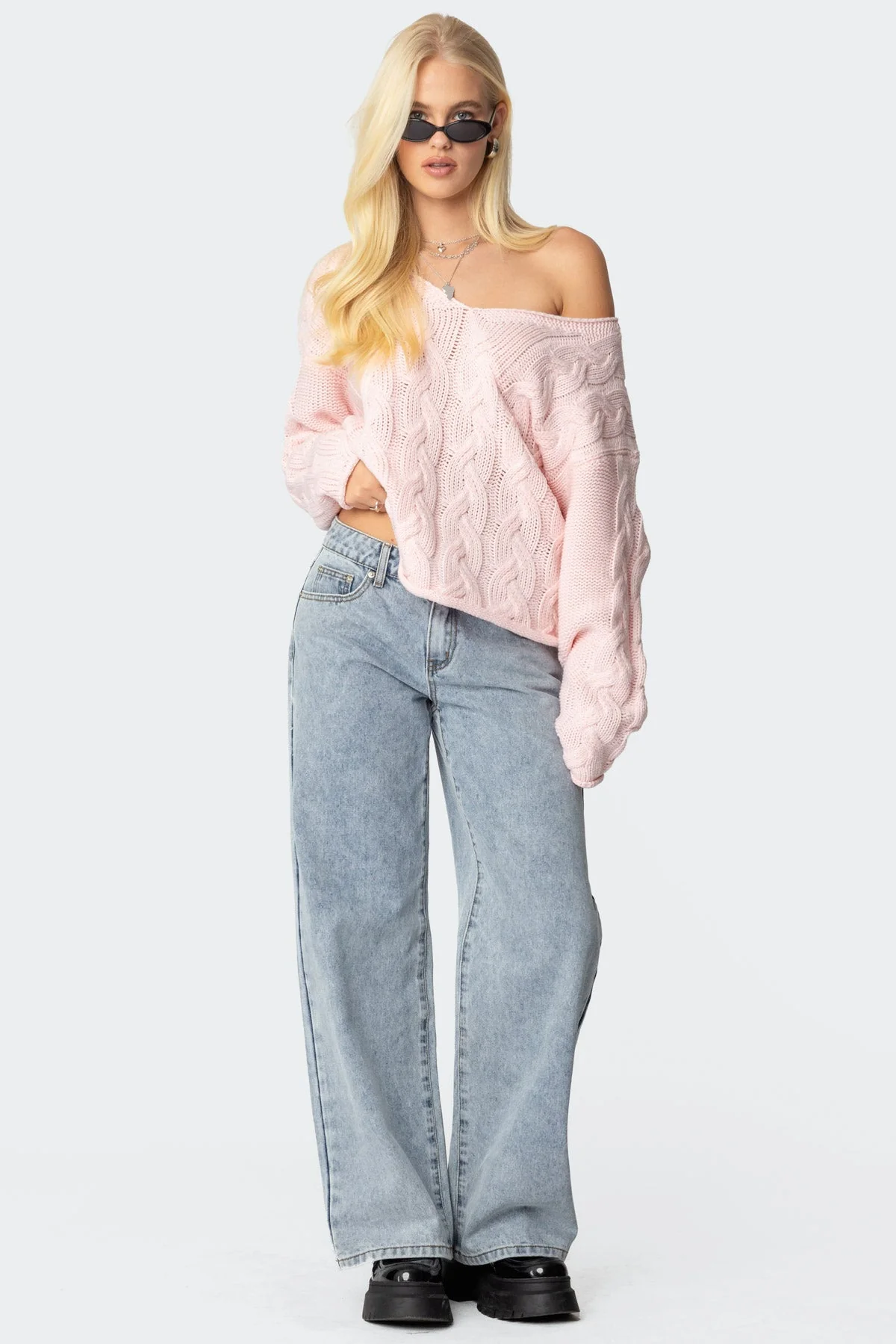 Light Pink Cable Knit Oversized Sweater