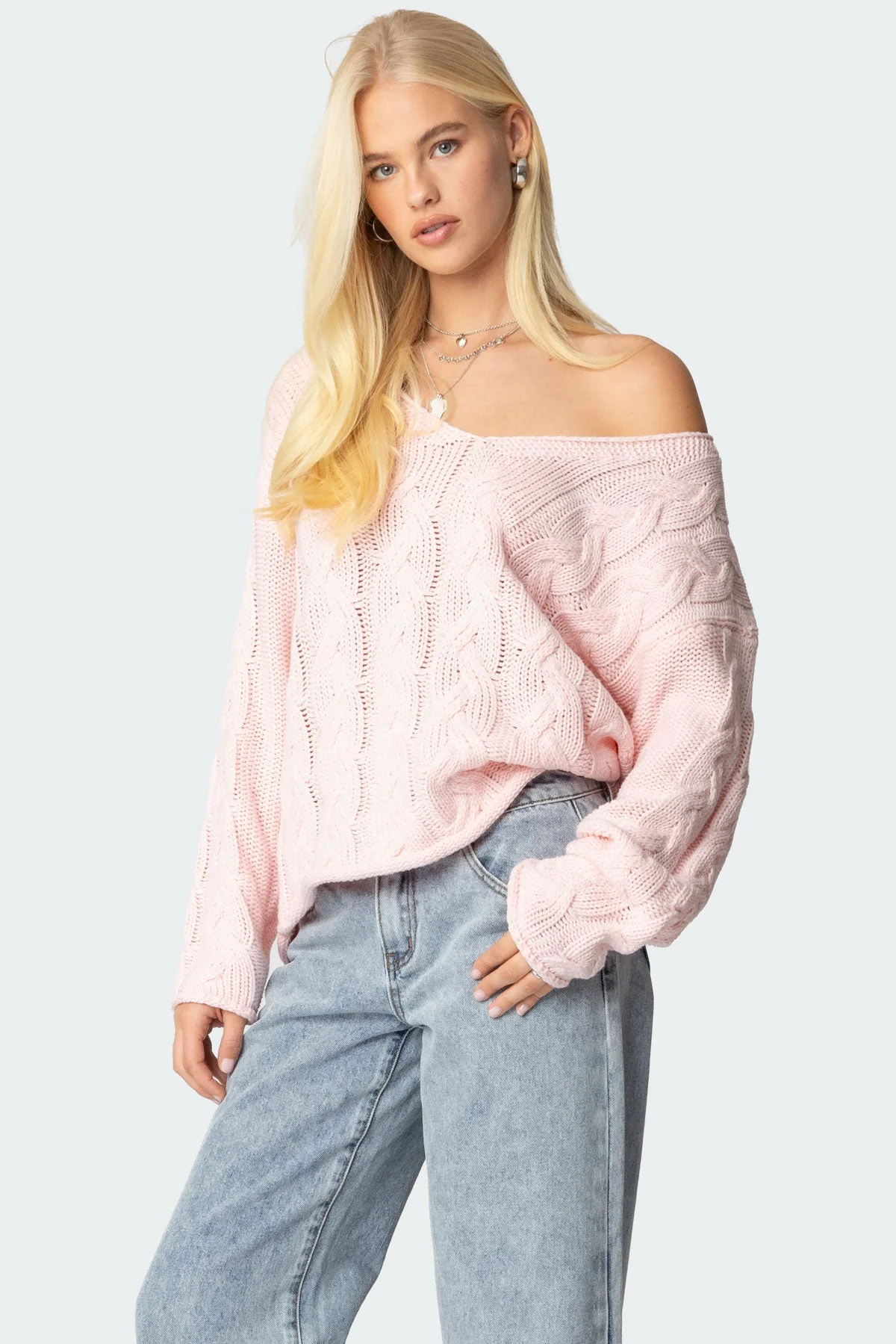 Light Pink Cable Knit Oversized Sweater