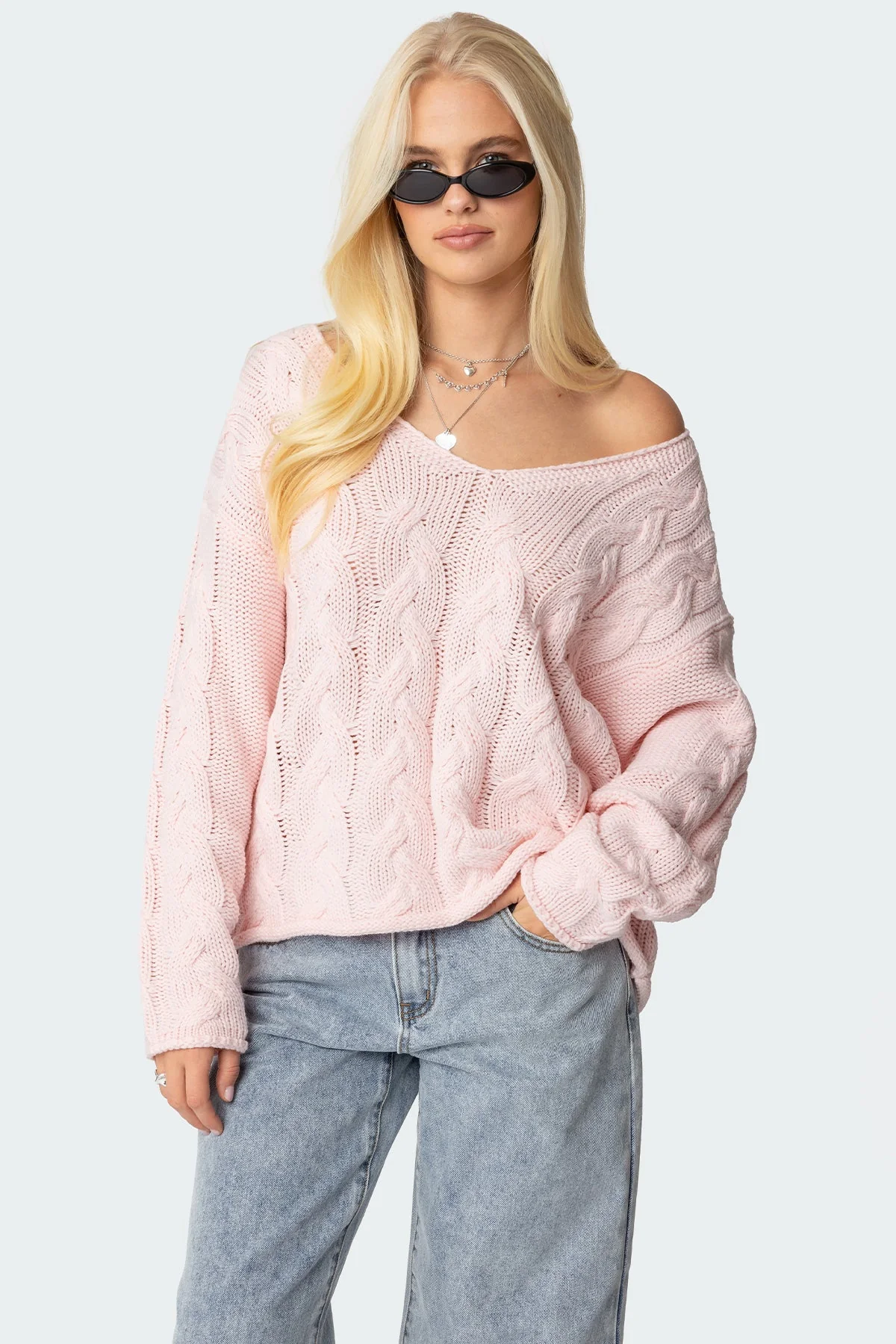 Light Pink Cable Knit Oversized Sweater