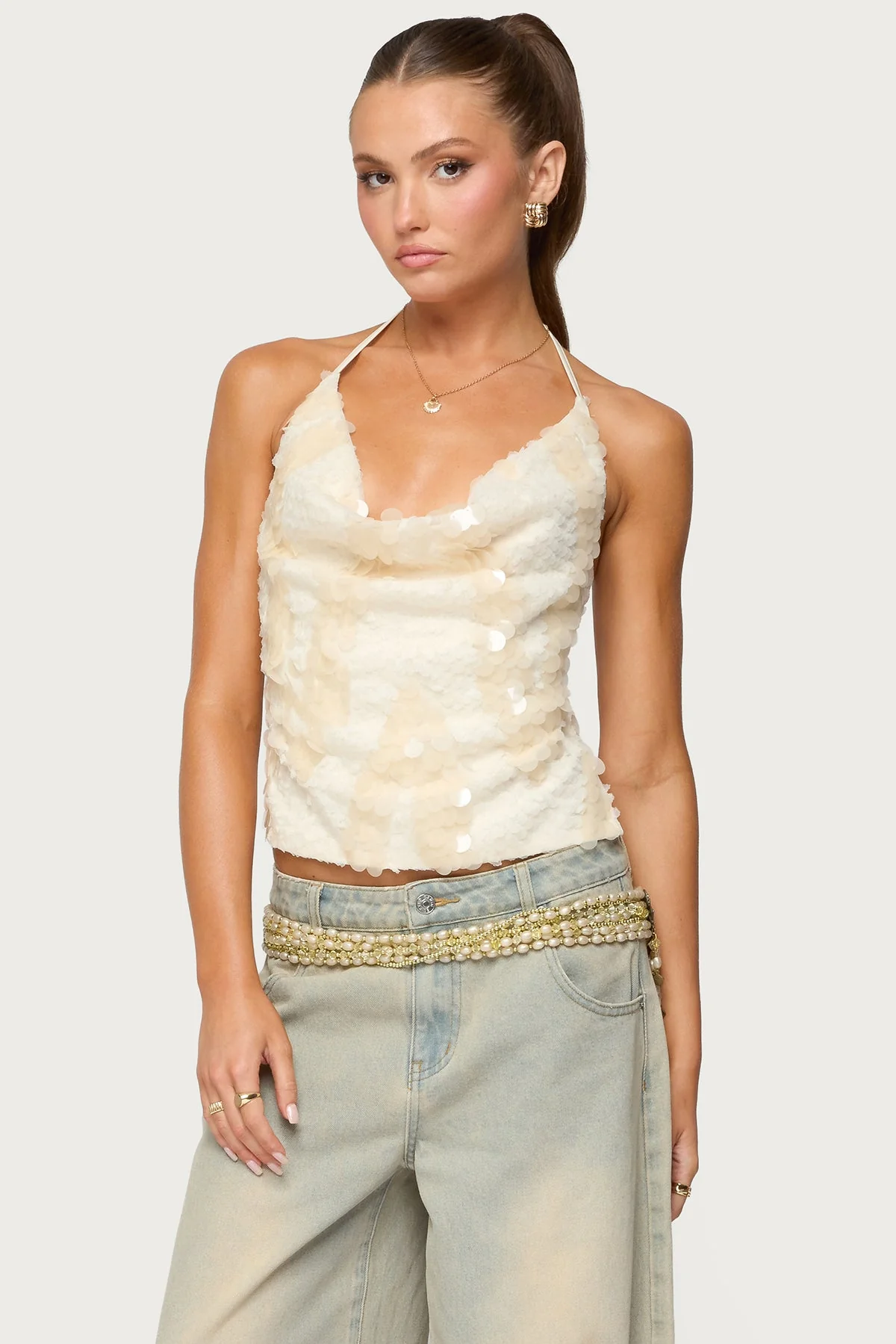 Cream Sequin Halter Top with Open Back