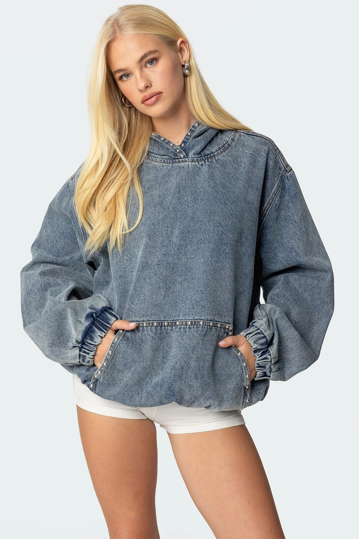 Blue Oversized Studded Denim Hoodie