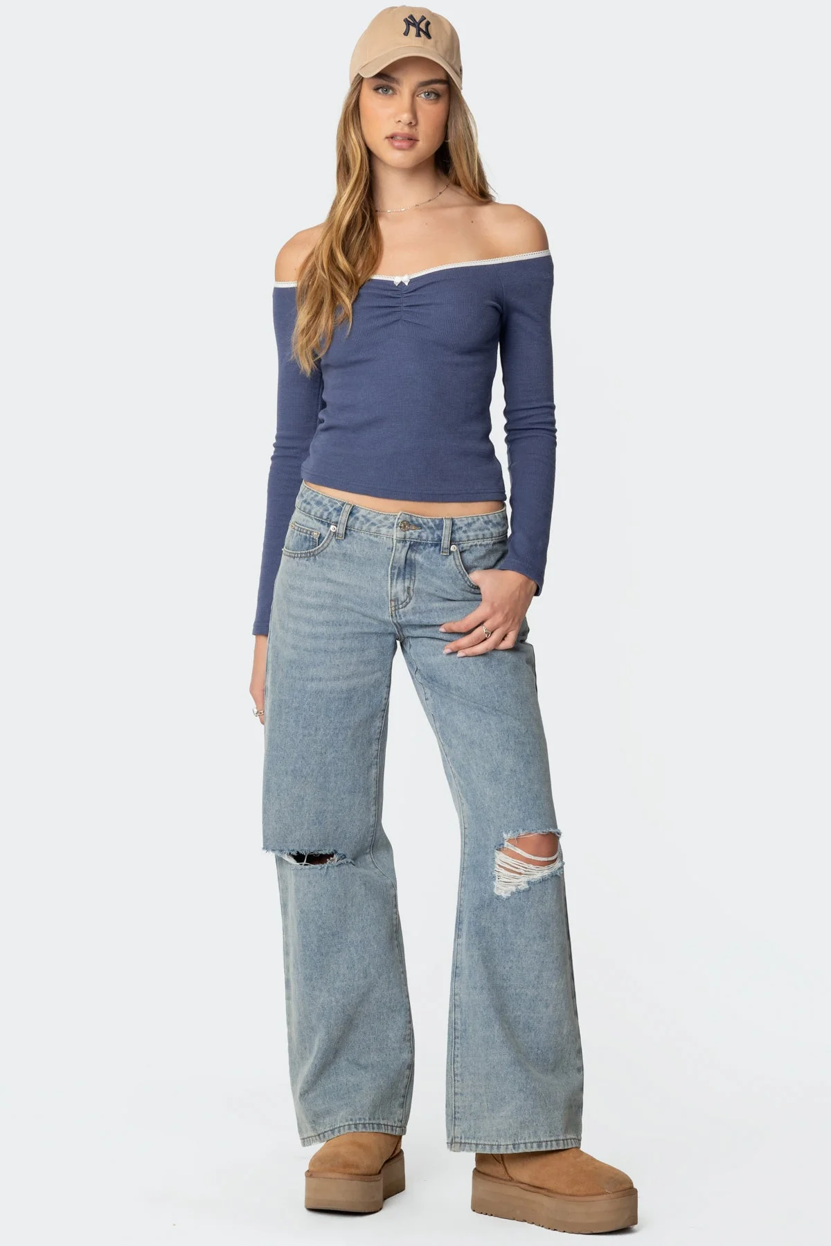 Navy Ruched Off Shoulder Top - Stylish & Flattering Design