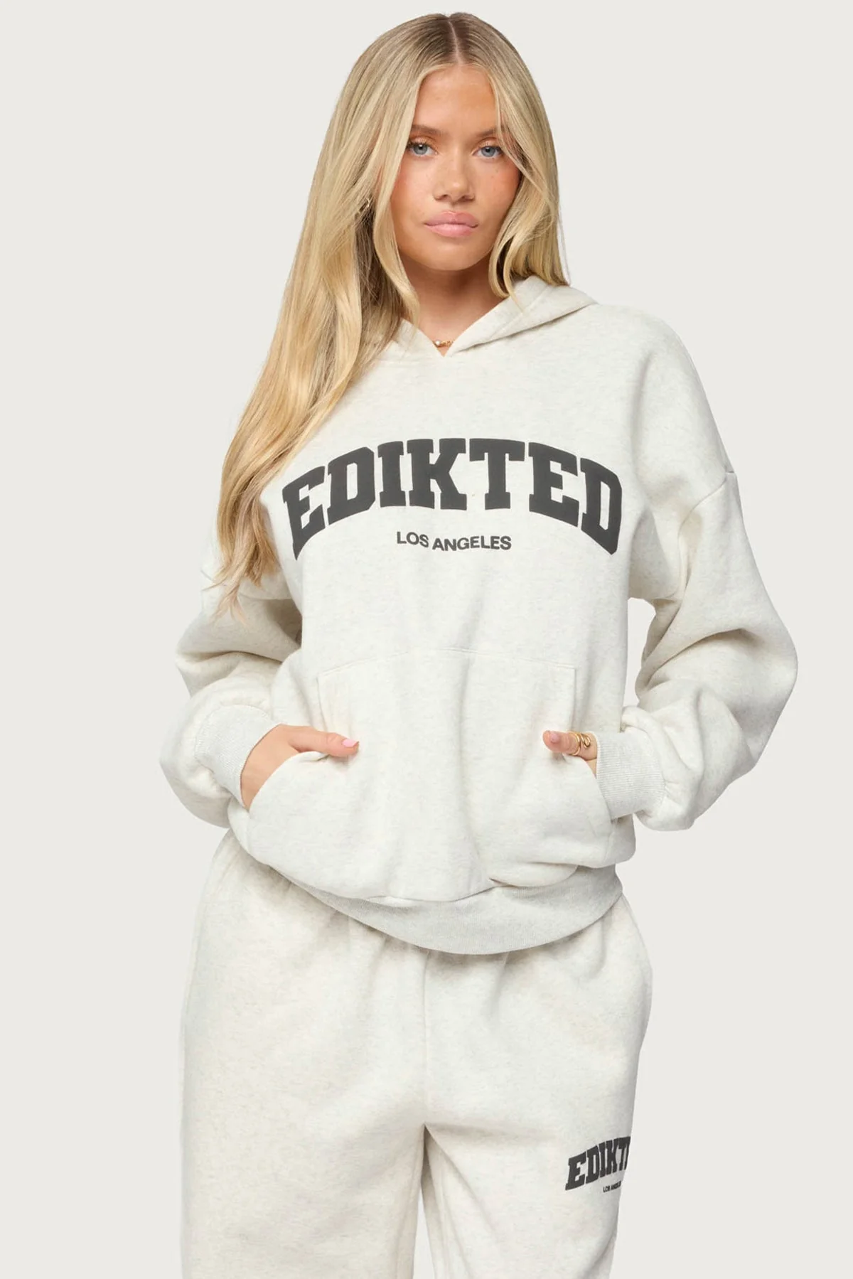 Graphic Text Matching Set Hoodie in Gray Melange