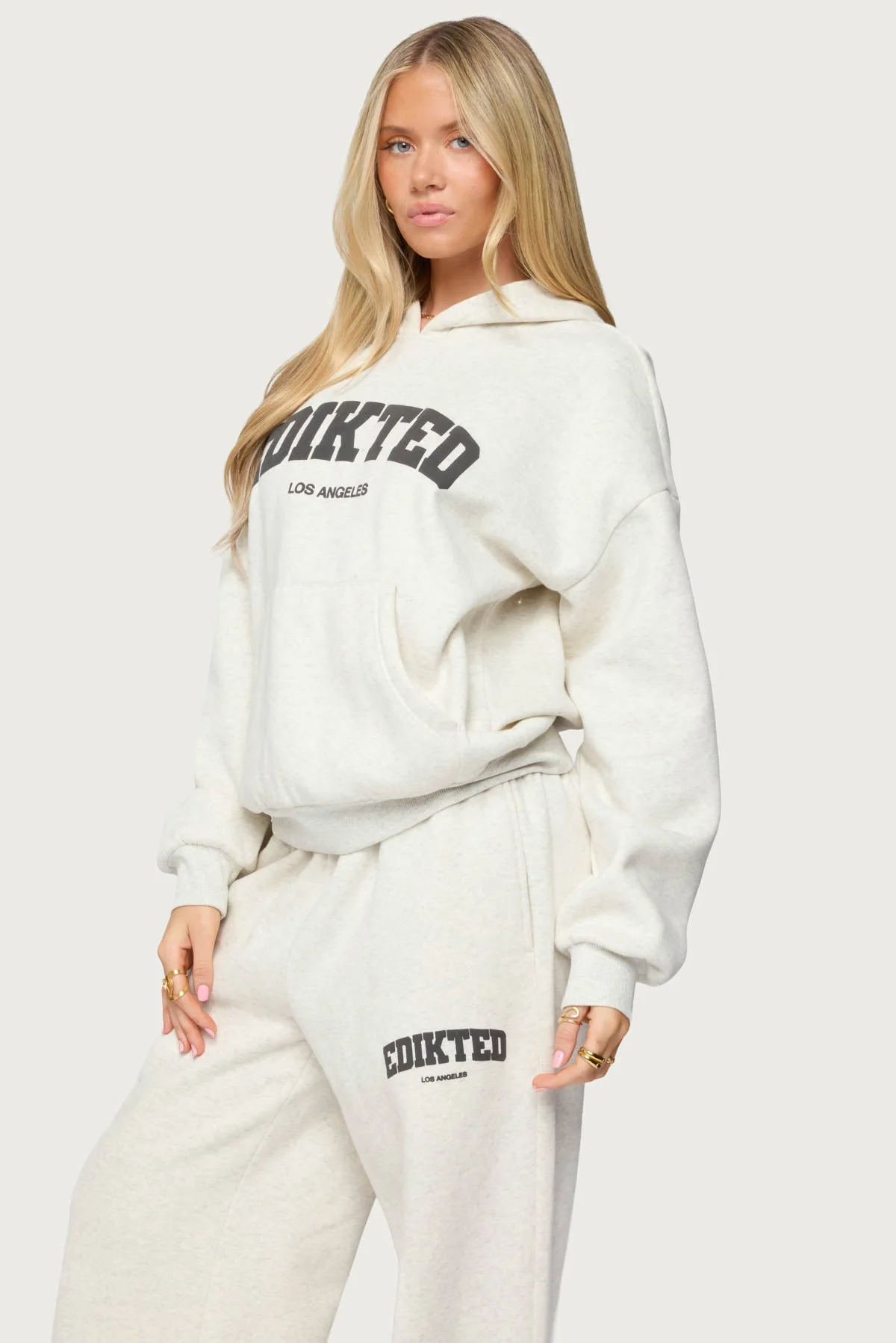 Graphic Text Matching Set Hoodie in Gray Melange