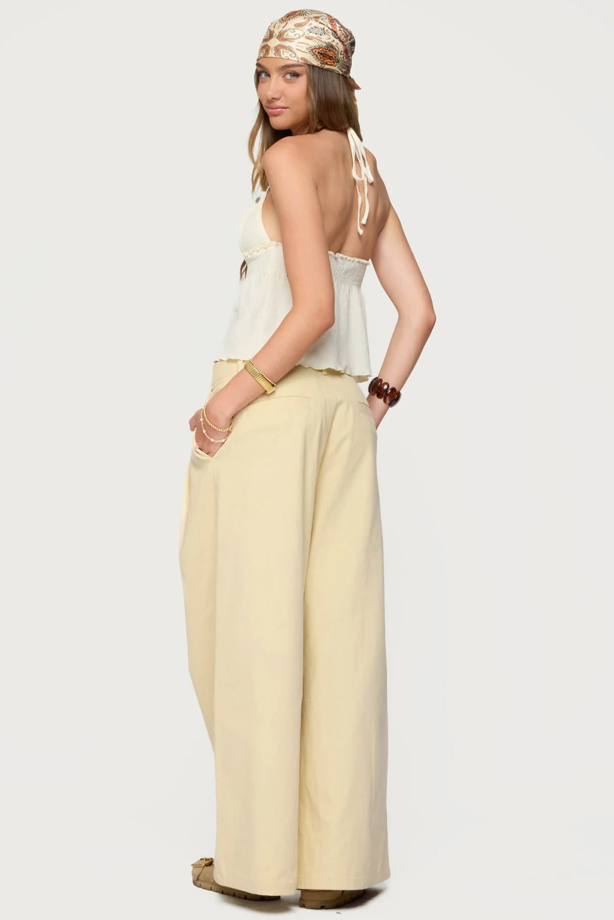 Cream Textured Babydoll Halter Top with Lace & Ruffles