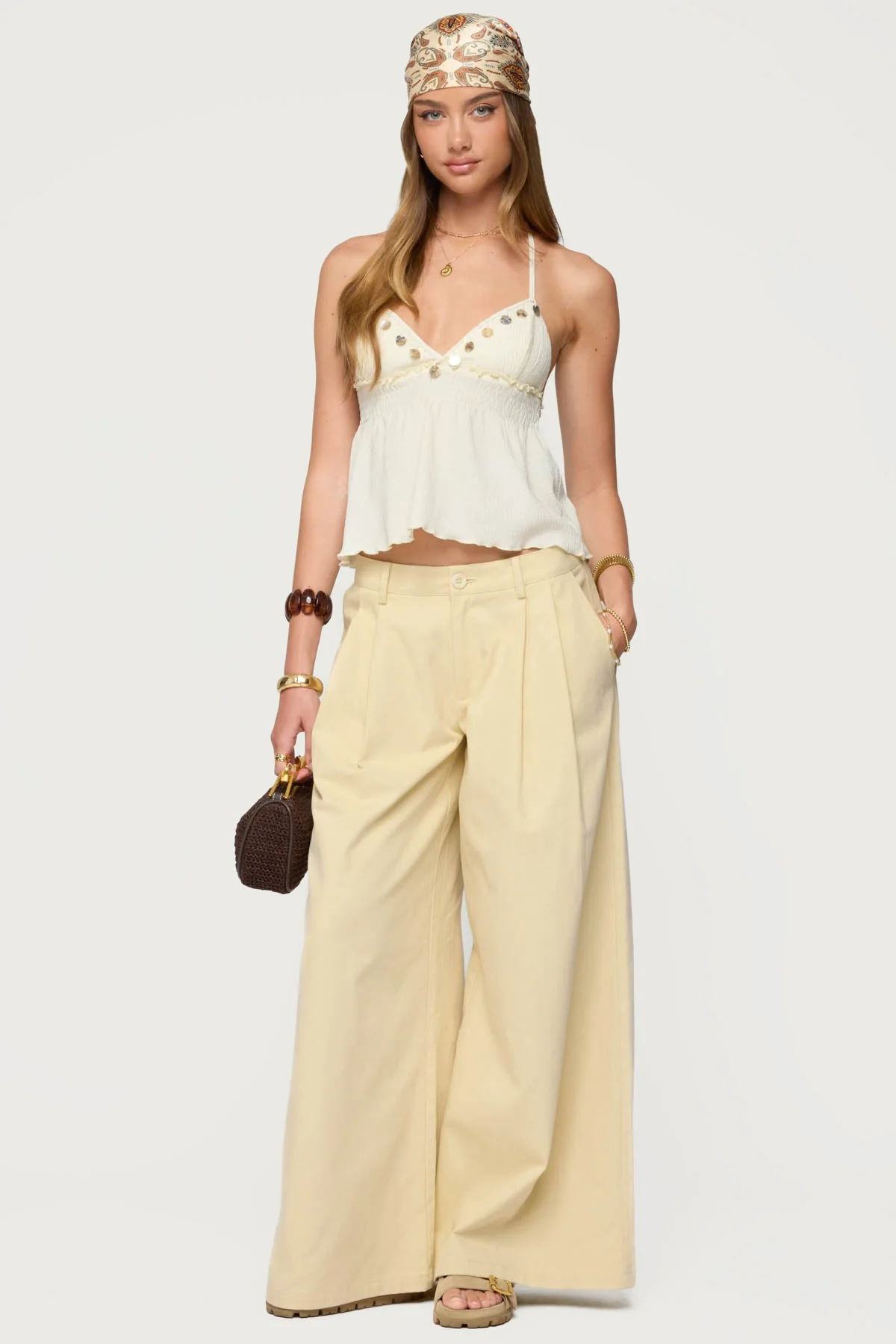 Cream Textured Babydoll Halter Top with Lace & Ruffles