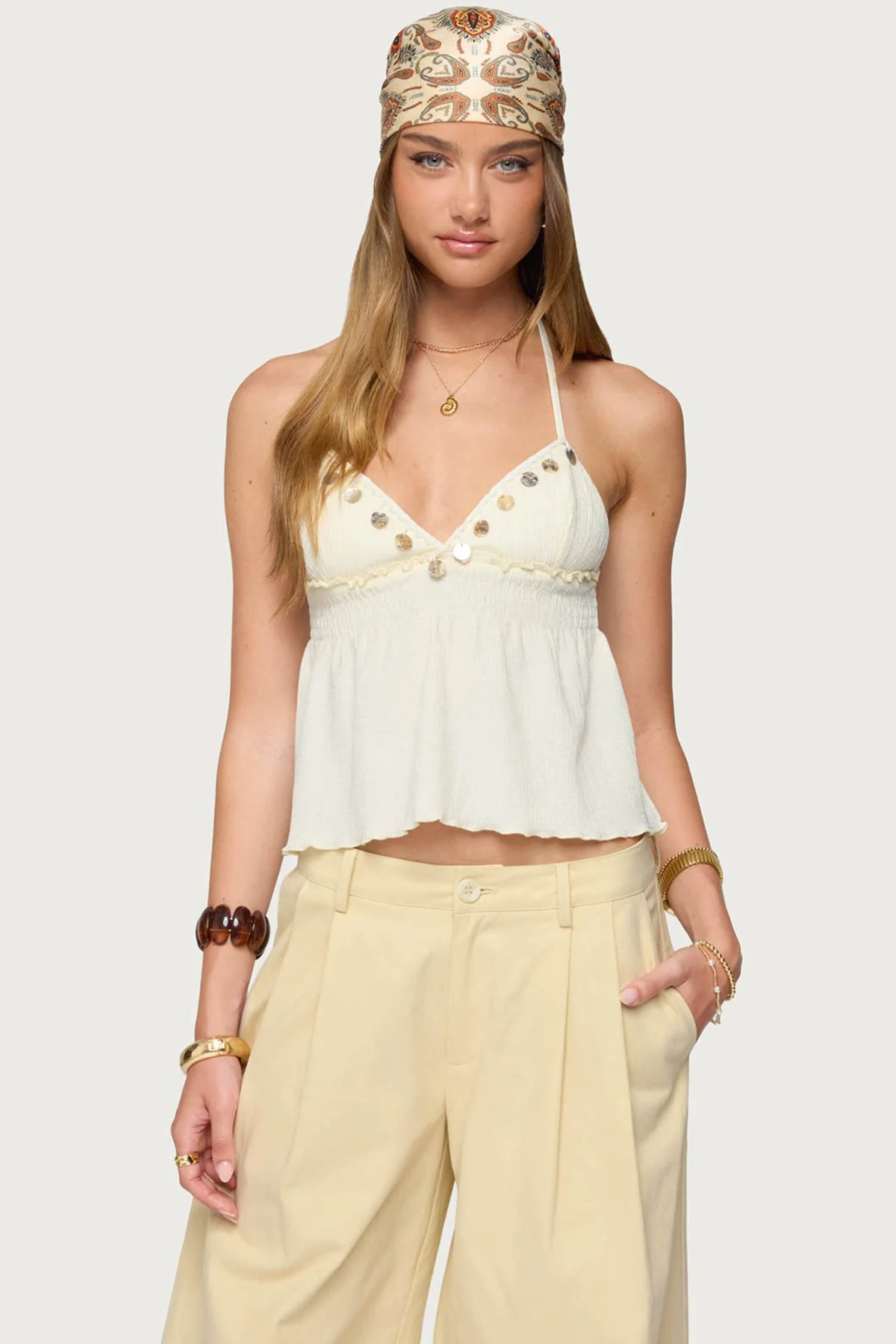 Cream Textured Babydoll Halter Top with Lace & Ruffles
