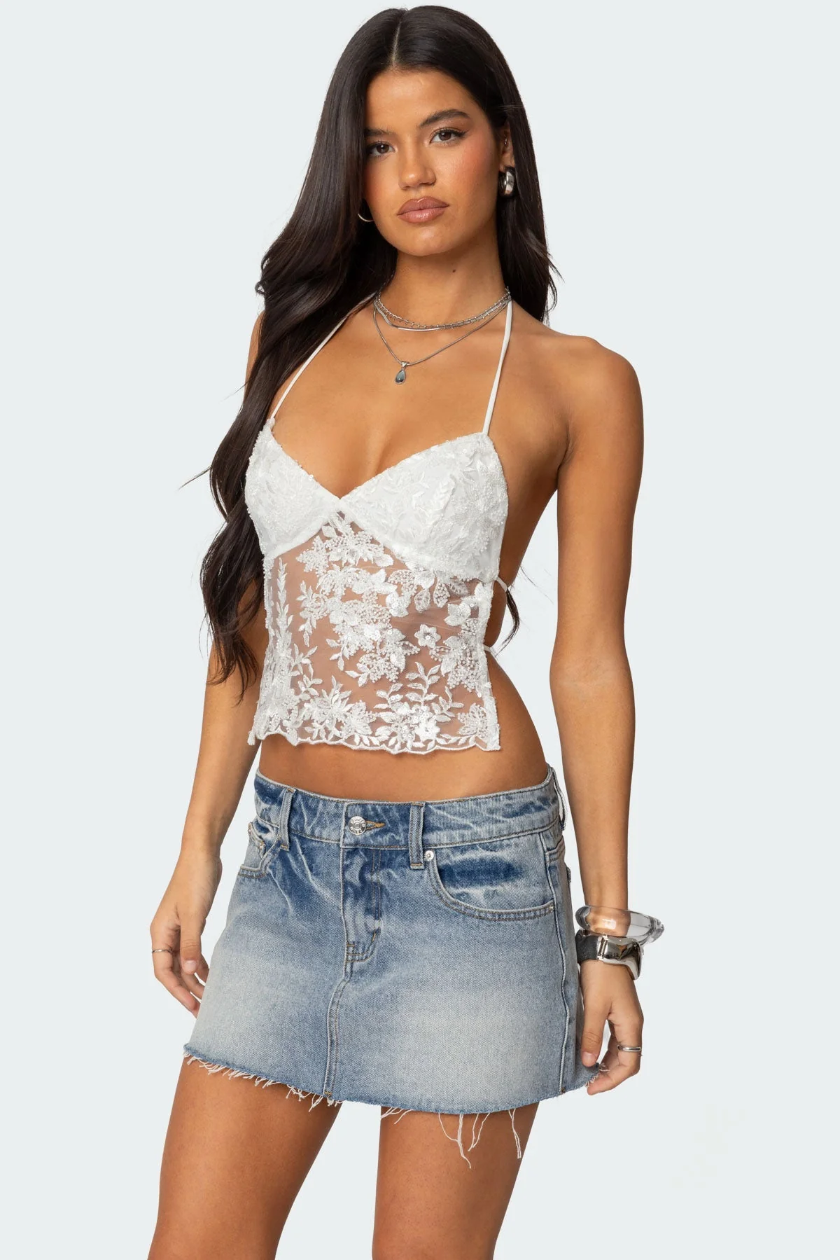 Sheer Lace White Top with Backless Design