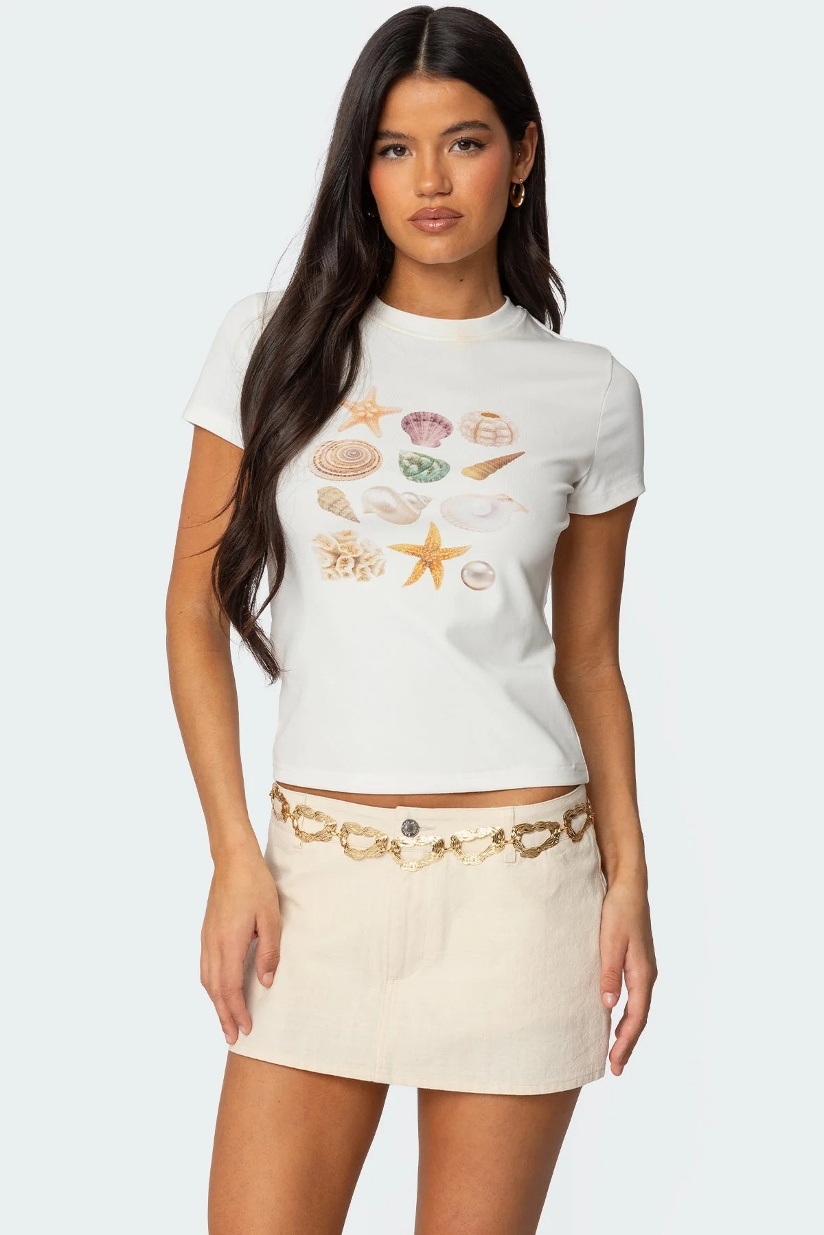 Seashells Print Cotton Spandex Graphic Tee Shirt