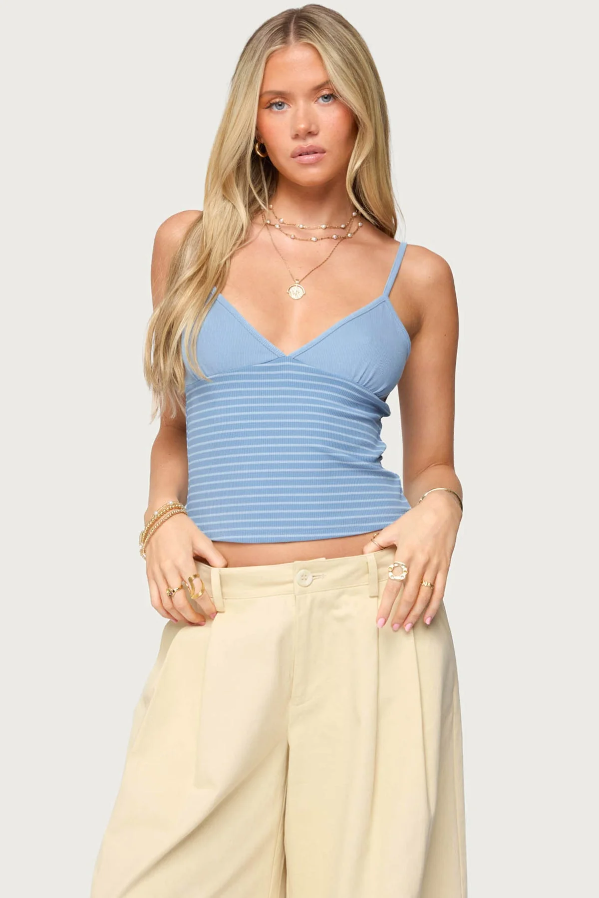 Blue Striped Ribbed Tank Top for Women