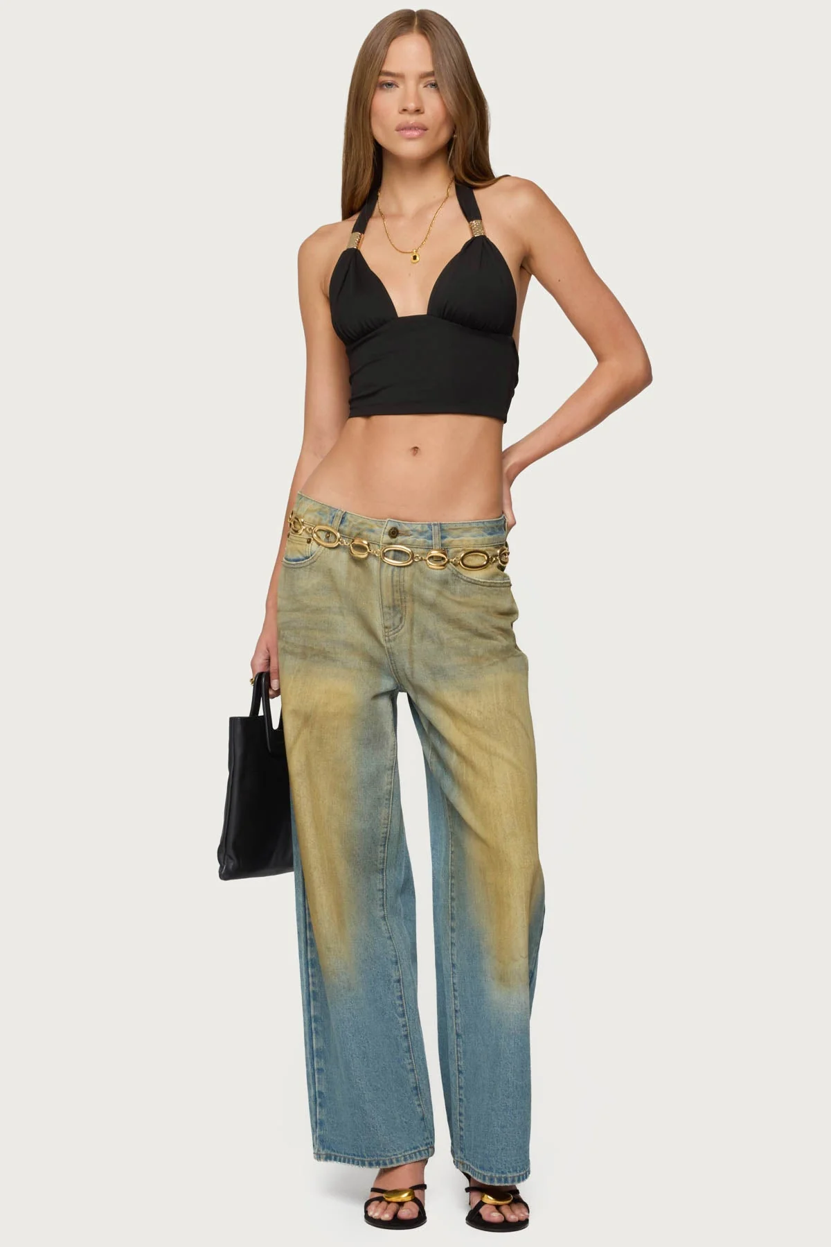 Black Halter Plunge Neck Backless Top