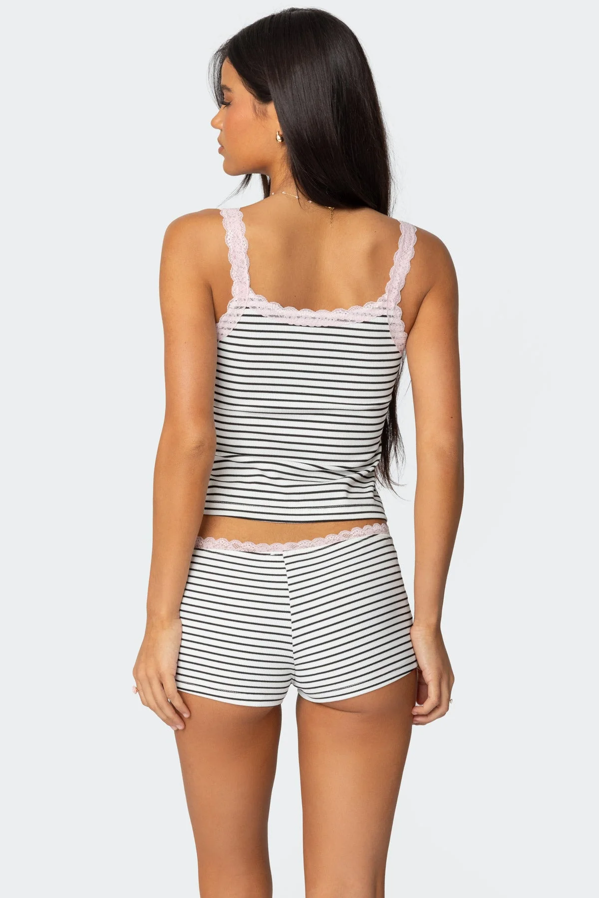 Striped Ribbed Tank Top with Lace Straps and Bow Detail