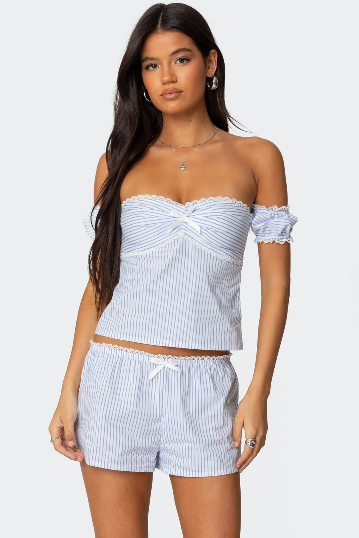 Light Blue Off Shoulder Striped Top Womens Cotton Blend Set