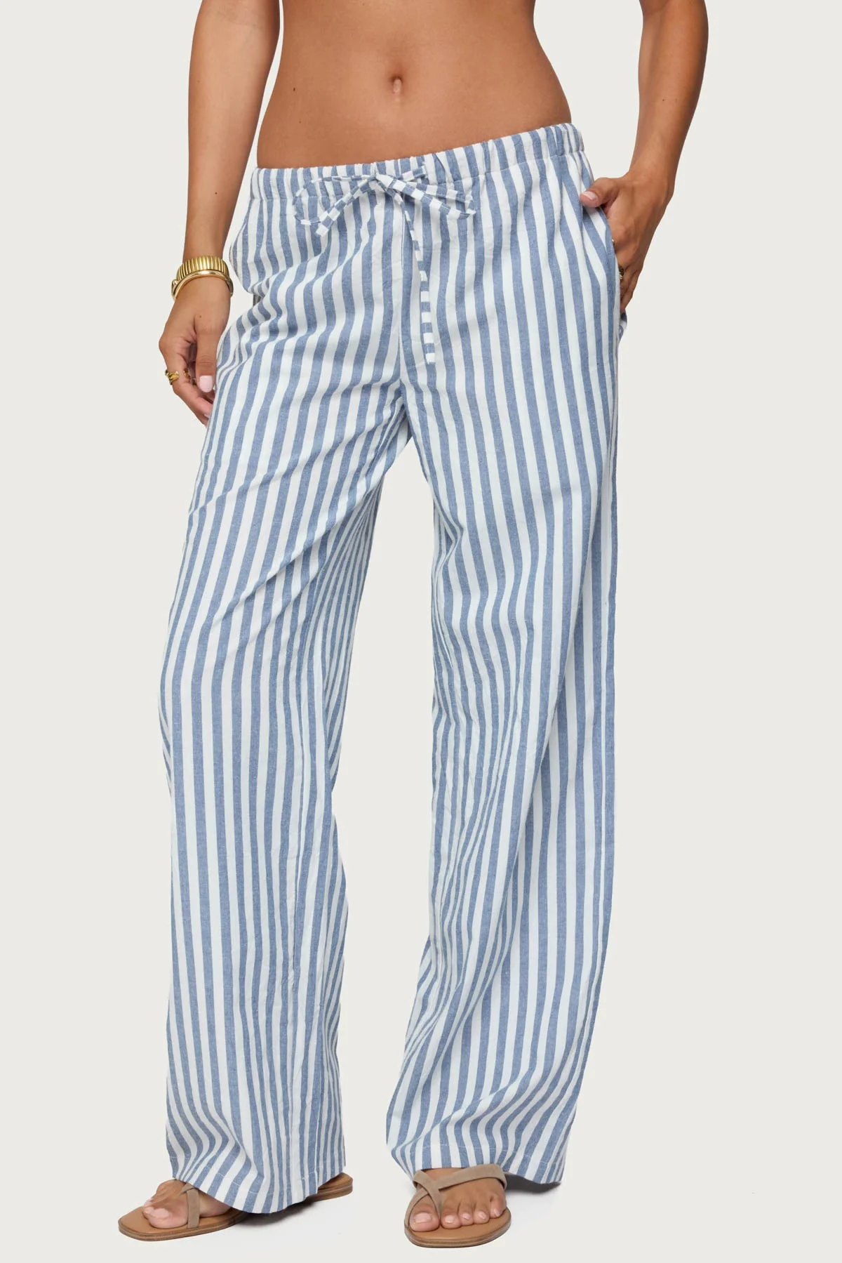 Blue and White Striped Cotton Polyester Pants Set