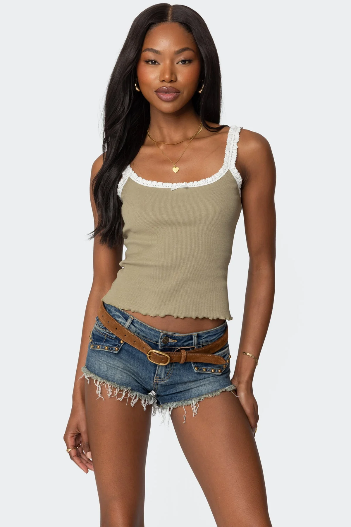 Olive Ribbed Tank Top with Mini Eyelet Ruffle Straps