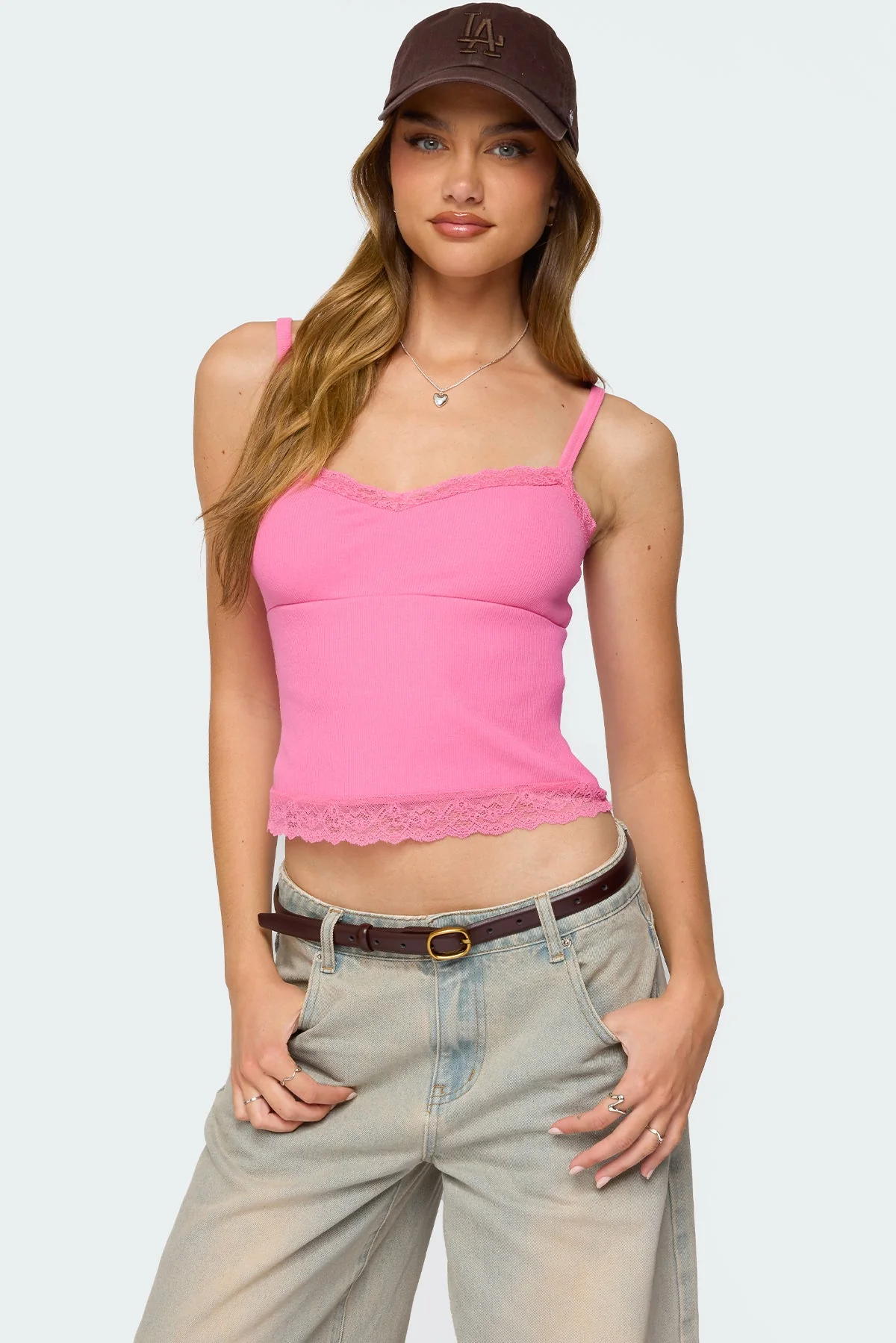 Pink Lace Trim Tank Top for Women