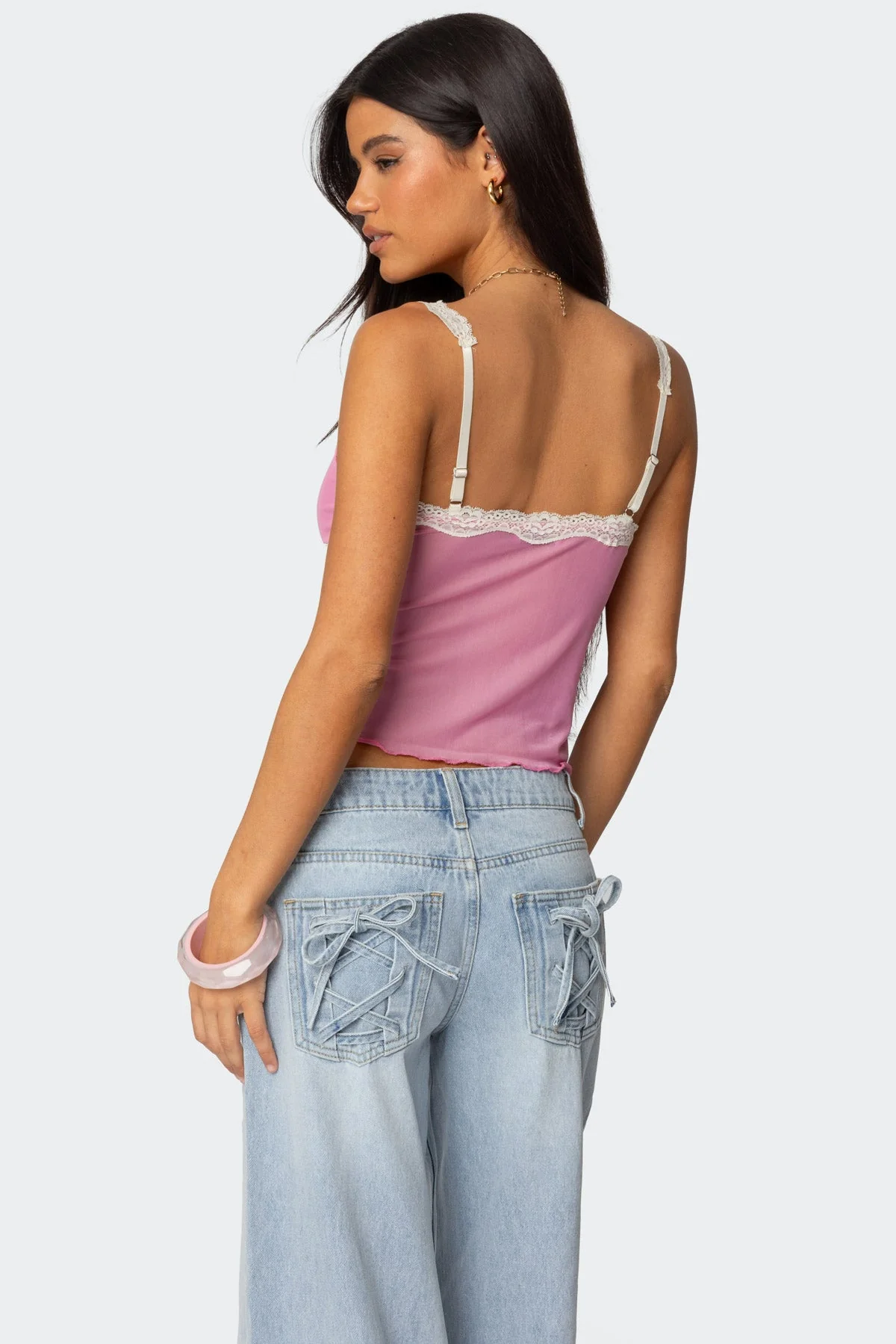Pink Mesh Tank Top with Lace Trim