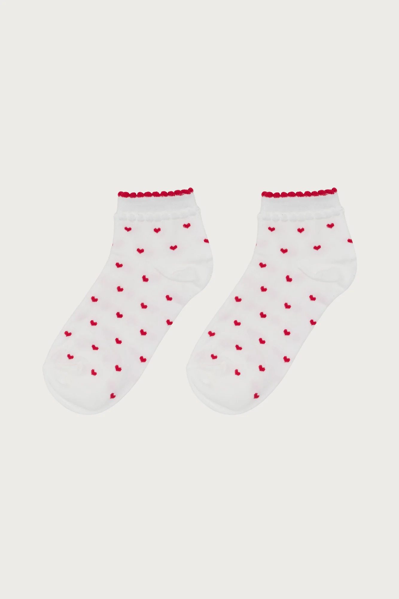 White Heart Graphic Cotton Socks - Scalloped Trim Design