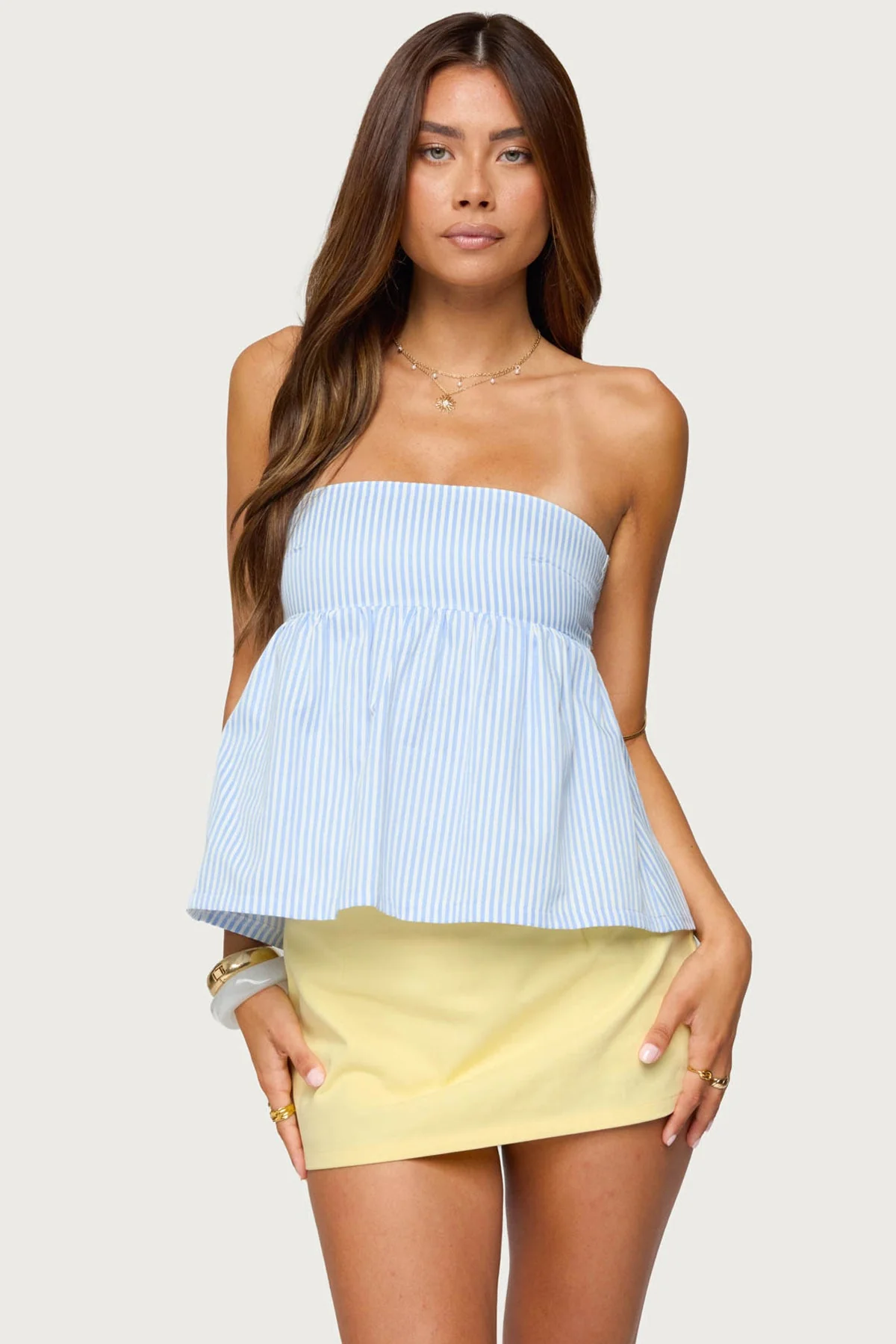 Striped Babydoll Top in Light Blue, Strapless Design