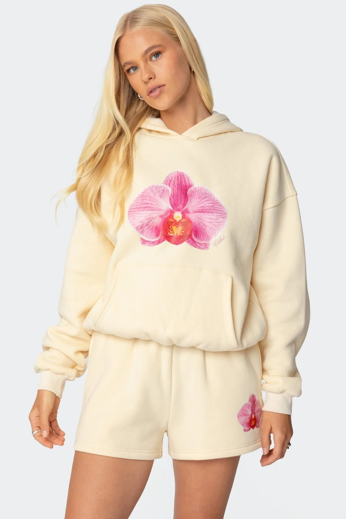 Floral Orchid Print Yellow Hoodie Set