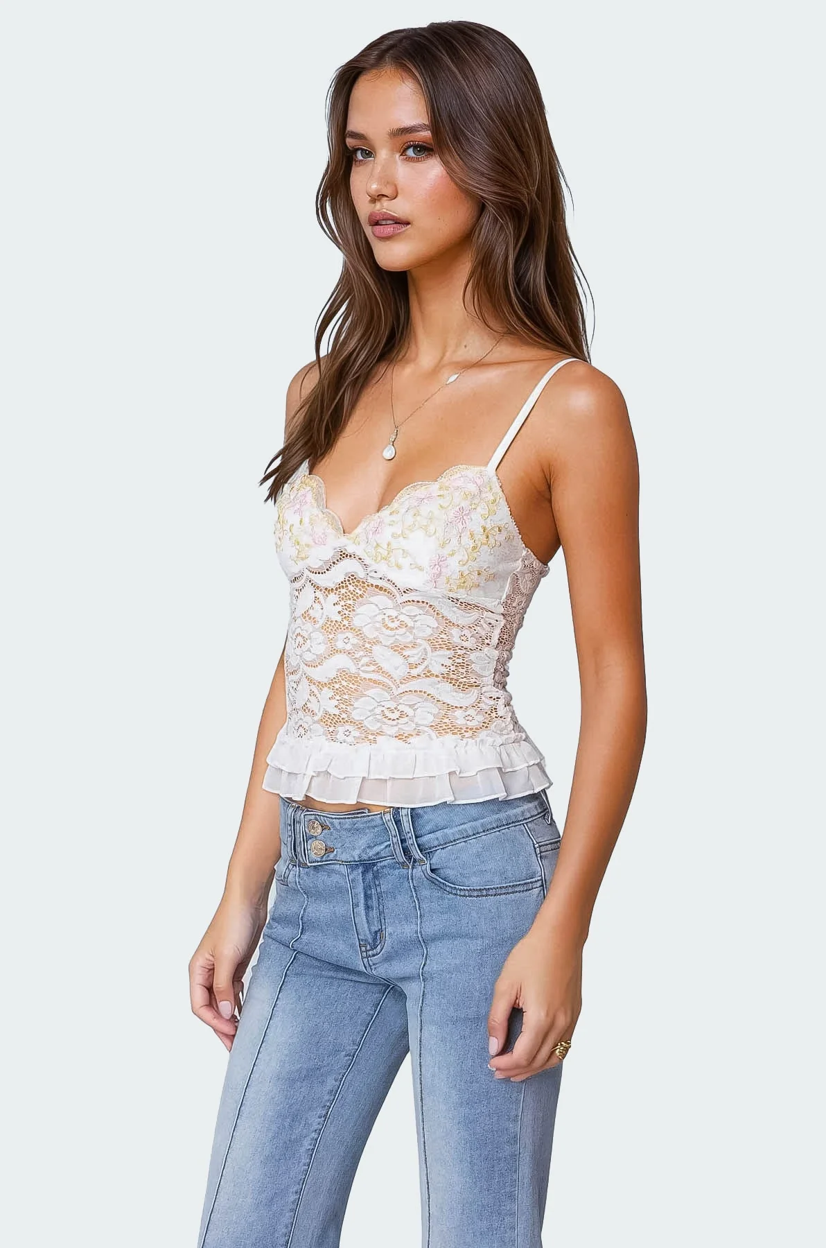 Sheer Lace White Tank Top - Adjustable Straps & Ruffled Hem