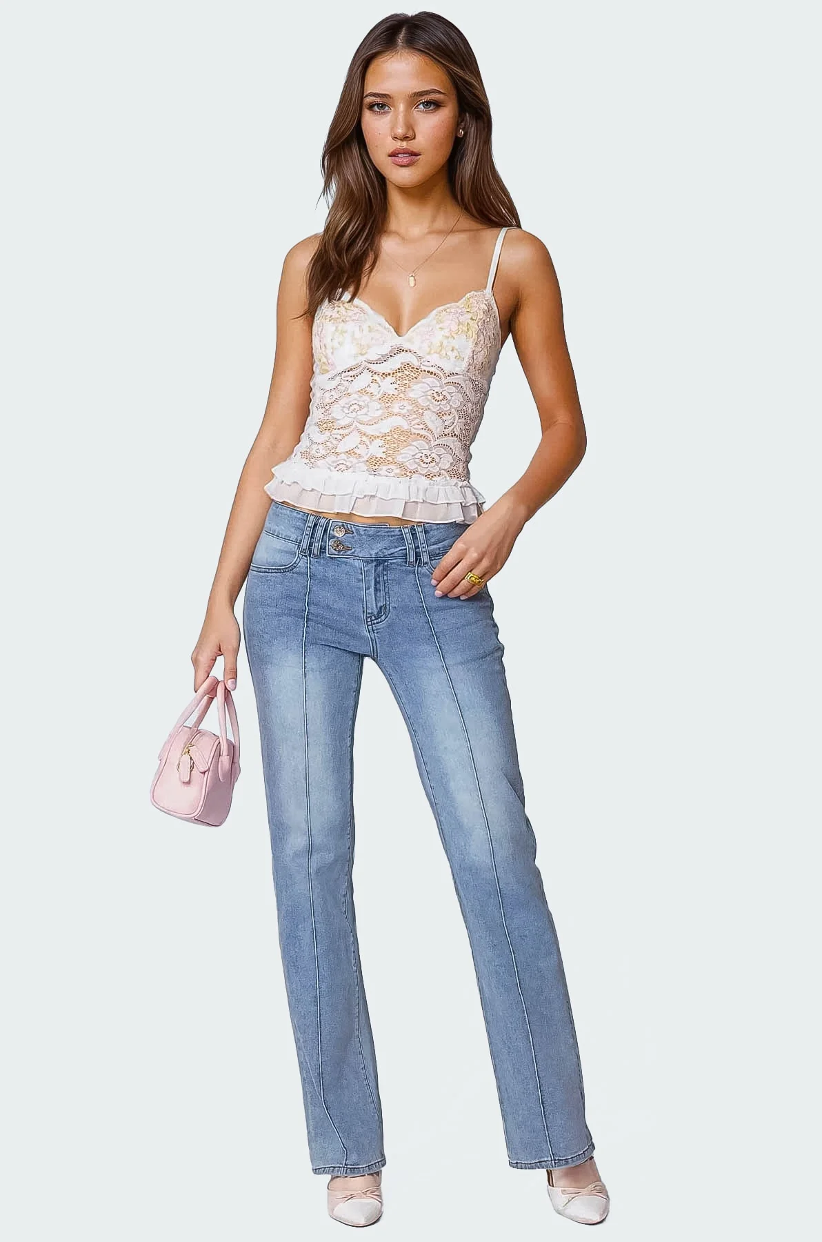 Sheer Lace White Tank Top - Adjustable Straps & Ruffled Hem