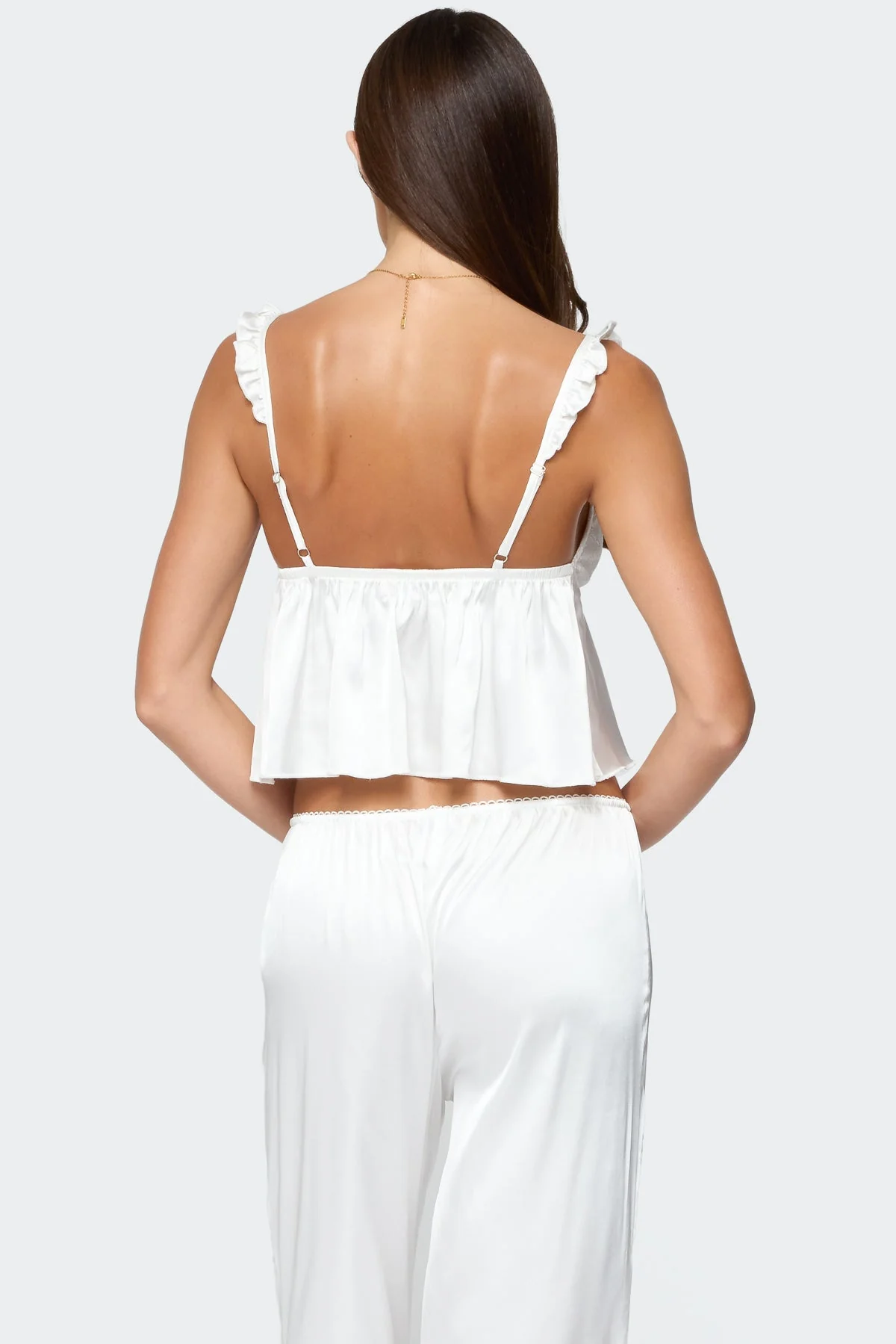White Satin Ruffle Tank Top with Lace Detail