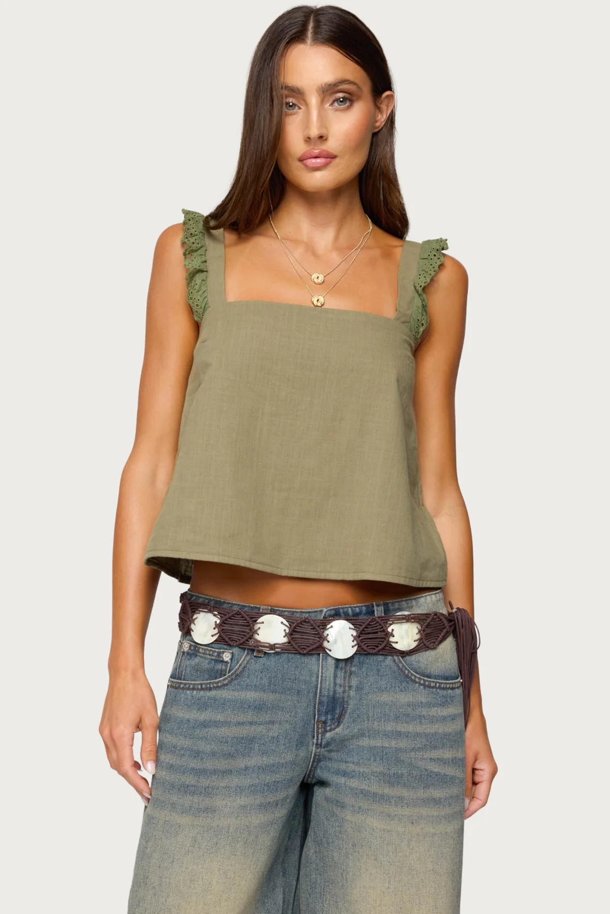 Viviana Olive Linen Square Neck Top Womens Loose Fit