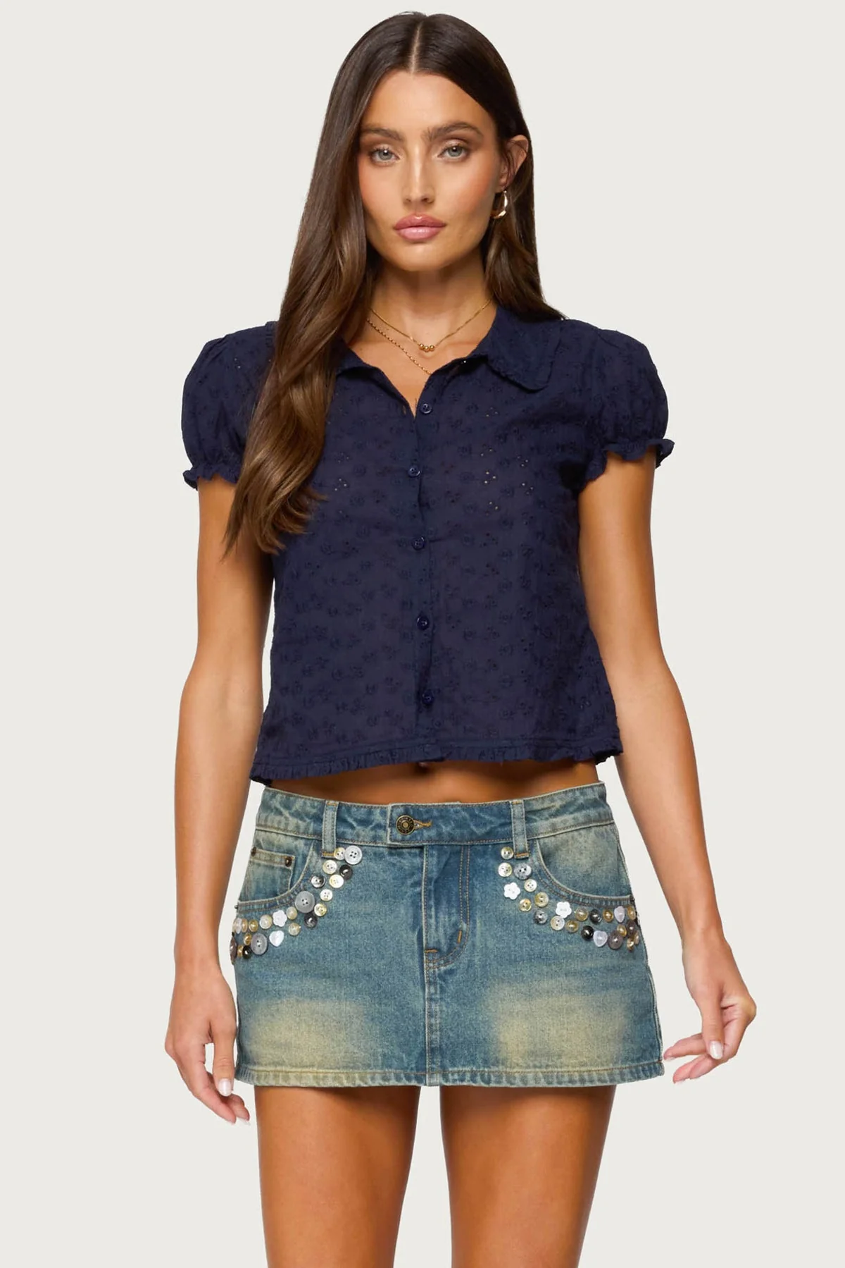 Navy Eyelet Button Up Cotton Shirt